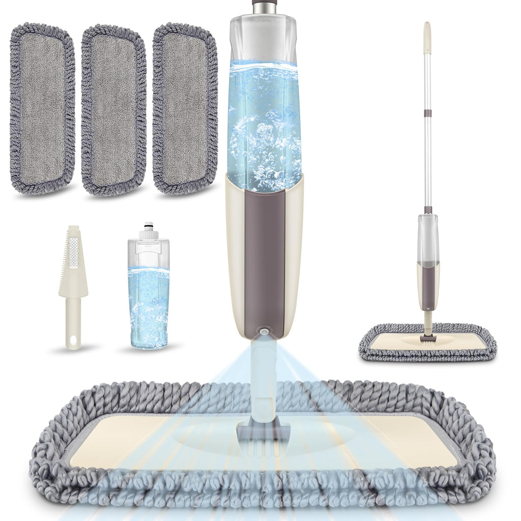 MEXERRIS Spray Mops for Floor Cleaning - Wet Dry Dust Kitchen Floor Mop with 410ML Refillable Bottle 360°Rotatable Hardwood Mop for Laminate Wood Tiles 3 Microfiber Reusable Pads and 1 Scrubber