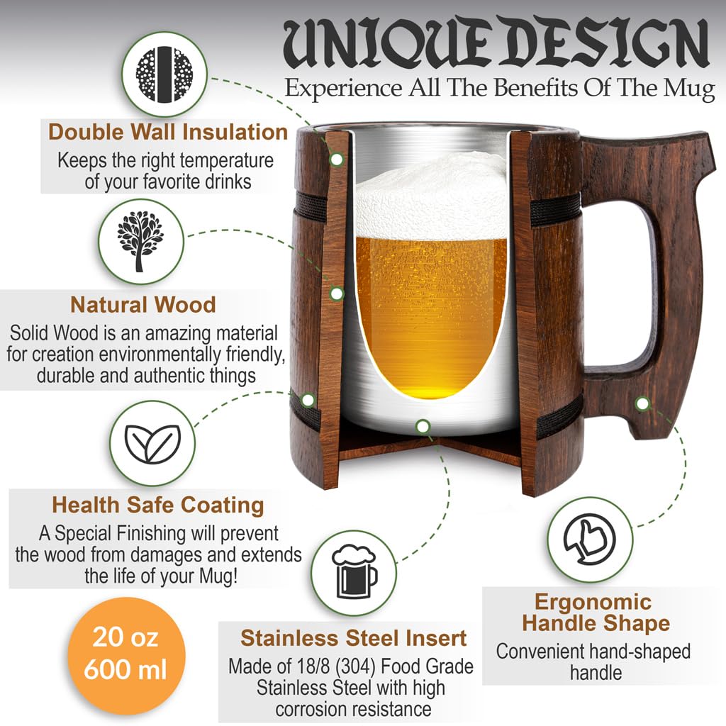 TESLYAR Beer Mug 600 ML - 20 OZ - Viking Mug - Tankard Mug - Beer Stein - Wooden Beer Mug - Handmade Gifts for Men | Fathers Day | Christmas | Birthday Gifts | Celtic Men Mugs - Thors Hammer