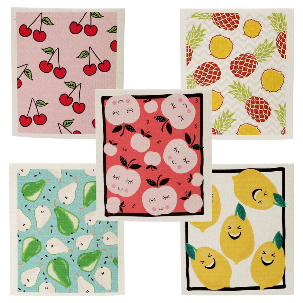 Reusable Swedish Dishcloths, Pack of 5 Cellulose Sponge Cloths, Eco-Friendly Absorbent Reusable Dish Cloth, Kitchen Eco-Friendly Odorless Cleaning Cloth (Fruits)