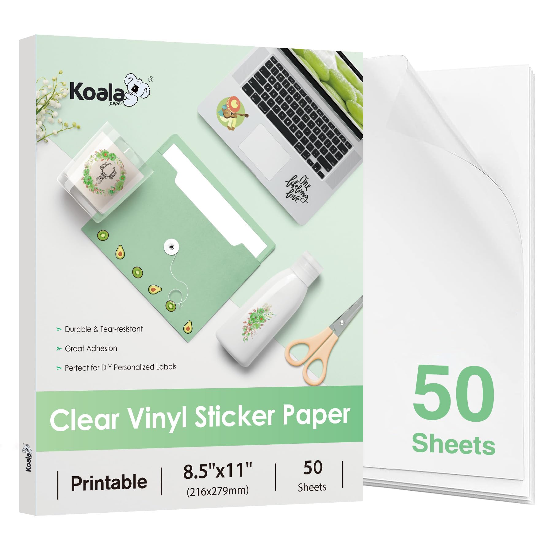 Koala Clear Sticker Paper for Inkjet Printer - Waterproof Clear Printable Vinyl Sticker Paper - 8.5x11 Inch 50 Sheets Transparent Glossy Sticker Paper for DIY Personalized Stickers, Labels, Decals