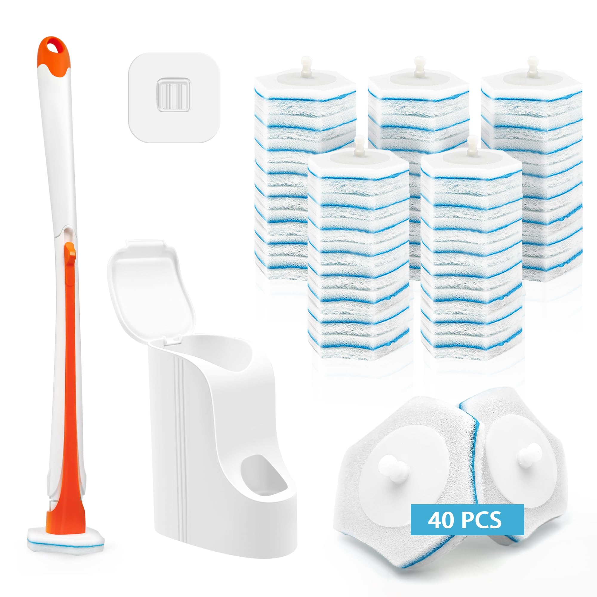 Dolanx Disposable Toilet Brush with 40 Refills, Wall Mounted Long Handle Compact Bathroom Bowl Cleaner Wand Holder Set for Sink Bathtub Wash Basin Mop Pool (Orange)