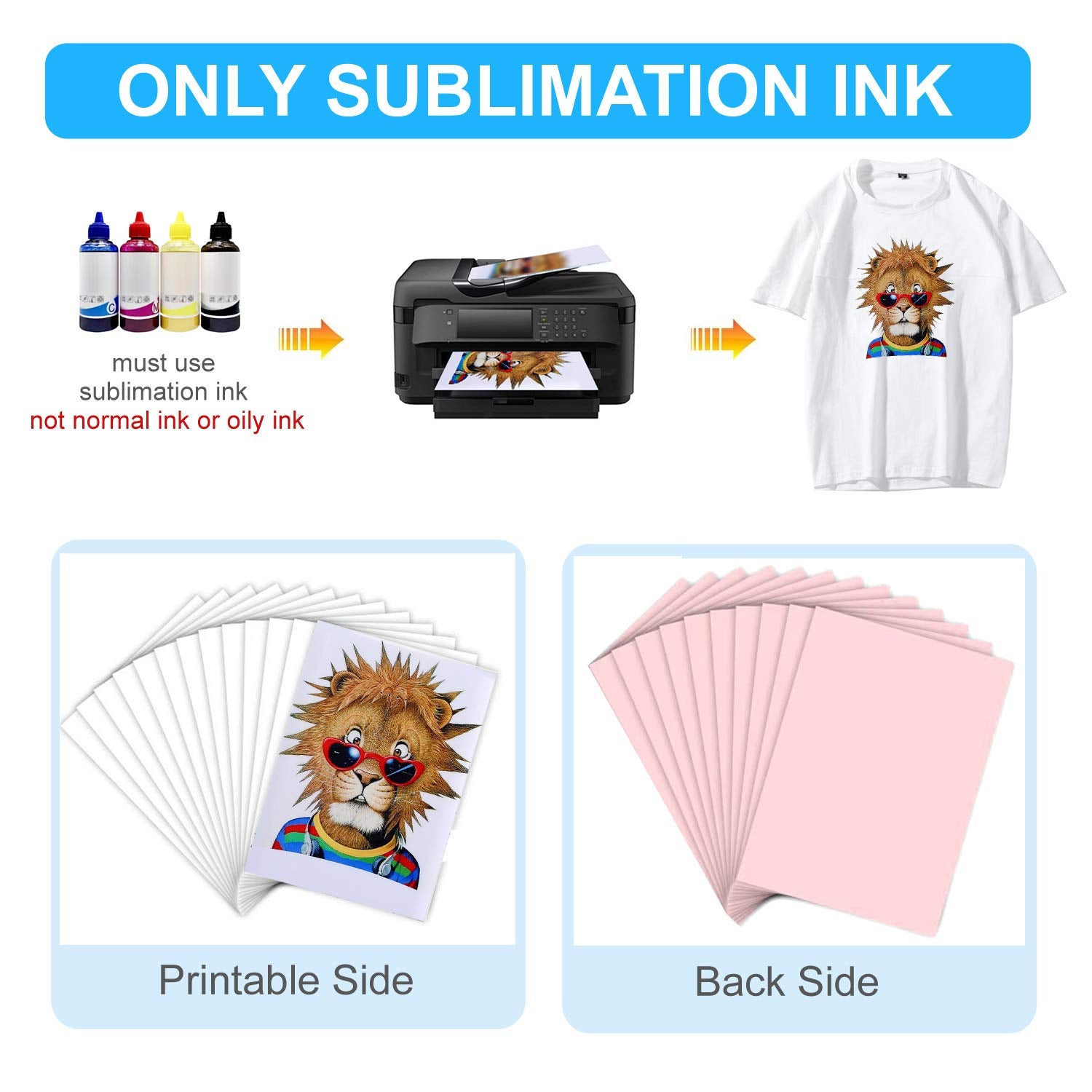 BetterSub Sublimation Paper Heat Transfer Paper 110 Sheets A4 Size 8.29" x 11.7" for EPSON HP Canon Inkjet Printer with Sublimation Ink for Light Color Shirts Hat Cap Mug 120gsm