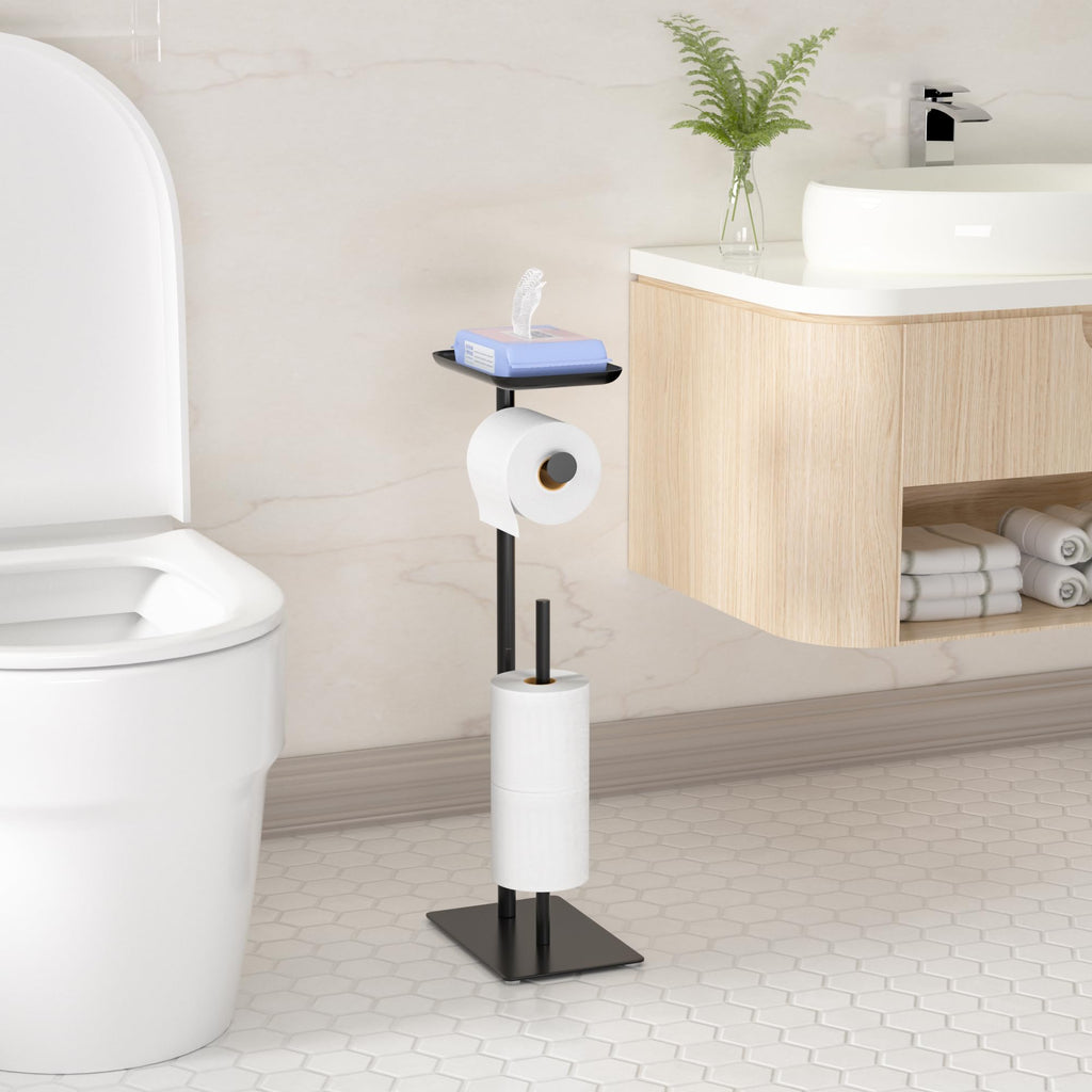 Toilet Paper Holder Stand with Top Storage Shelf, Matte Black Toilet Paper Roll Holder Free Standing, Floor Standing Toilet Roll Dispenser Storages 4 Reserve Rolls CAA75B5568