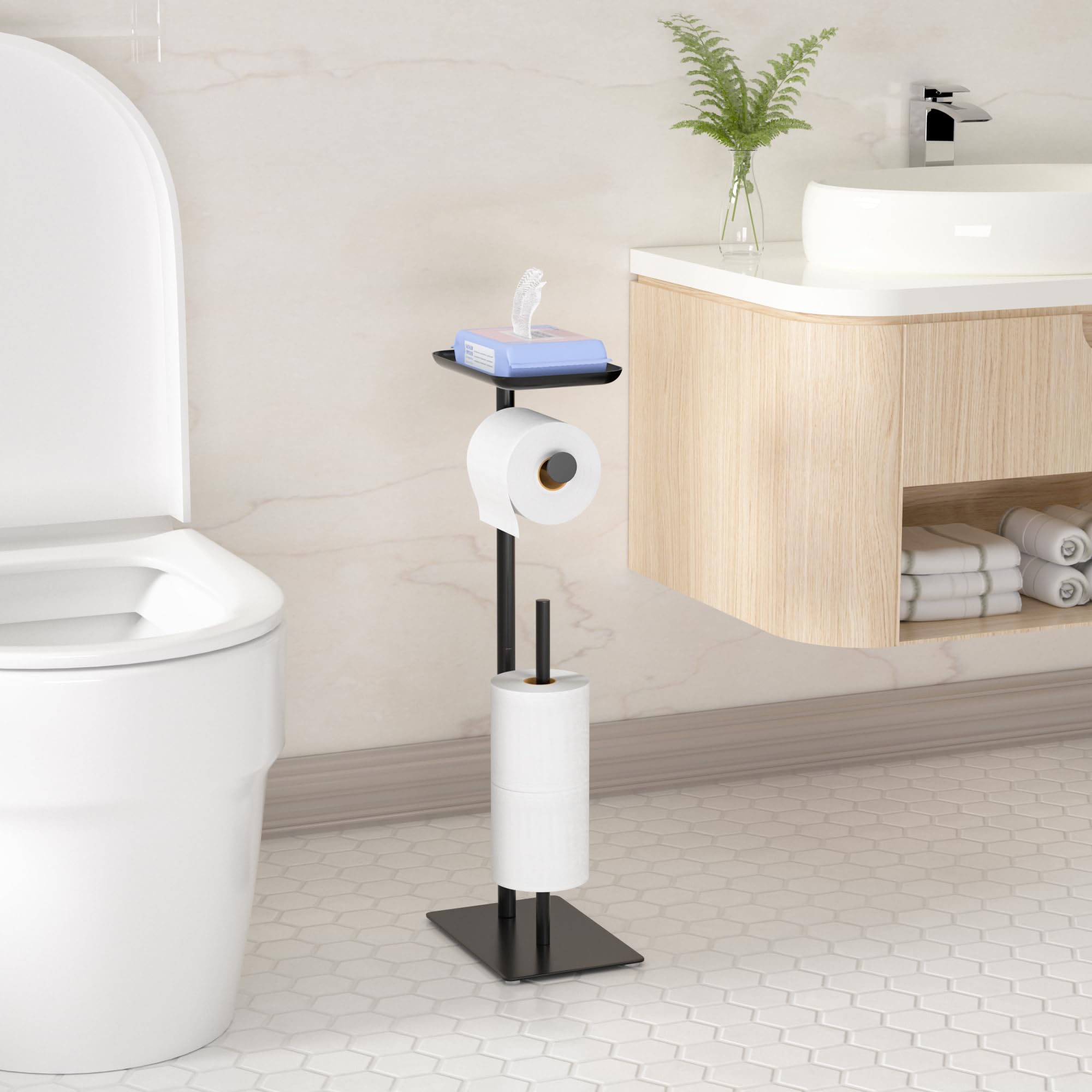 Toilet Paper Holder Stand with Top Storage Shelf, Matte Black Toilet Paper Roll Holder Free Standing, Floor Standing Toilet Roll Dispenser Storages 4 Reserve Rolls CAA75B5568