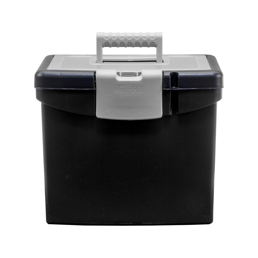 Storex Portable File Box with Organizer Lid – Plastic Office File Storage Box for Letter Paper and Hanging Folders, Obsidian, 1-Count (61504C01C)