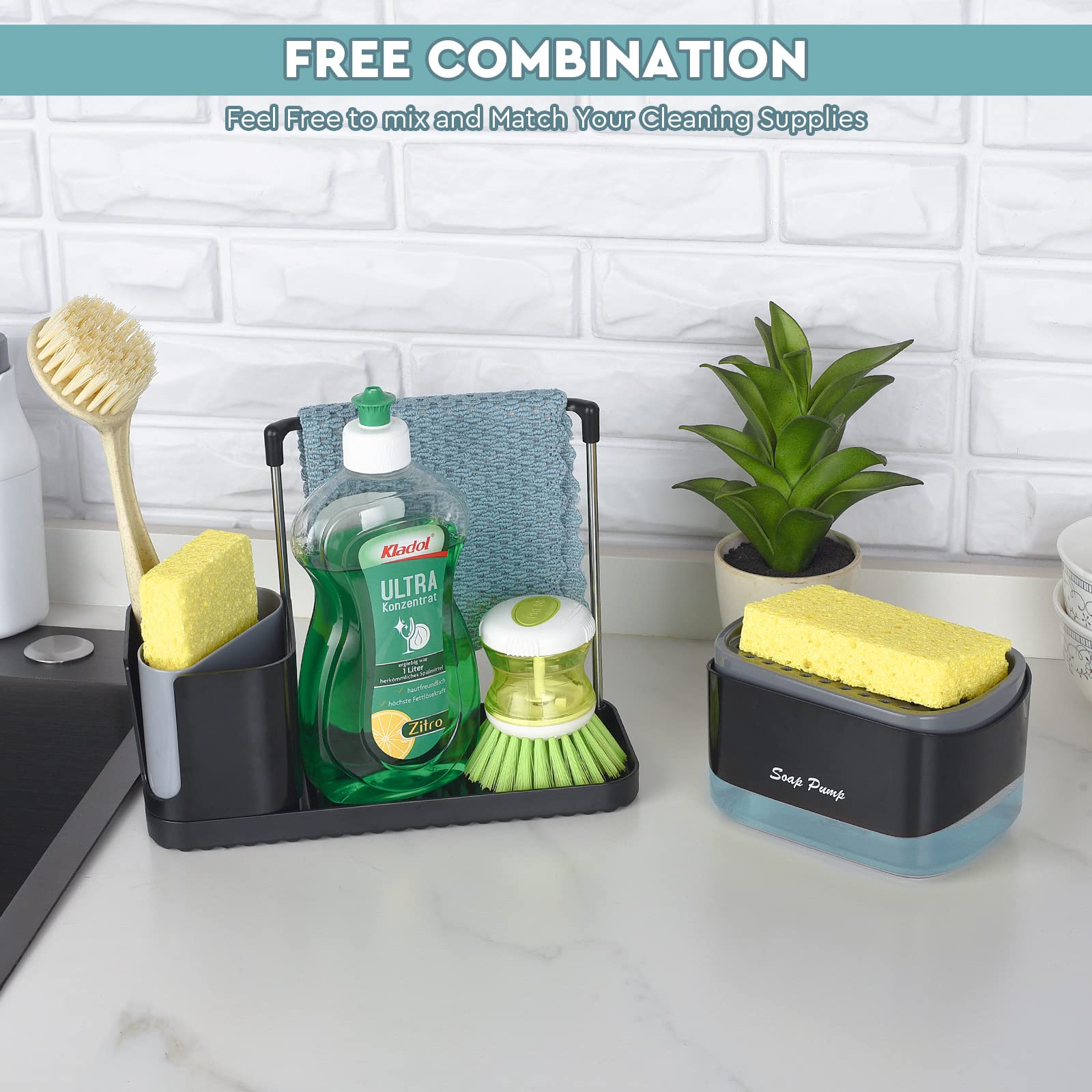 Bestseek Kitchen Soap Dispenser Set with Tray and Sponge Holder, Sink Caddy Organizer with Dishcloth and Dish Brush Holder, for Countertop Storage Organize - Practical Kitchen Gadgets