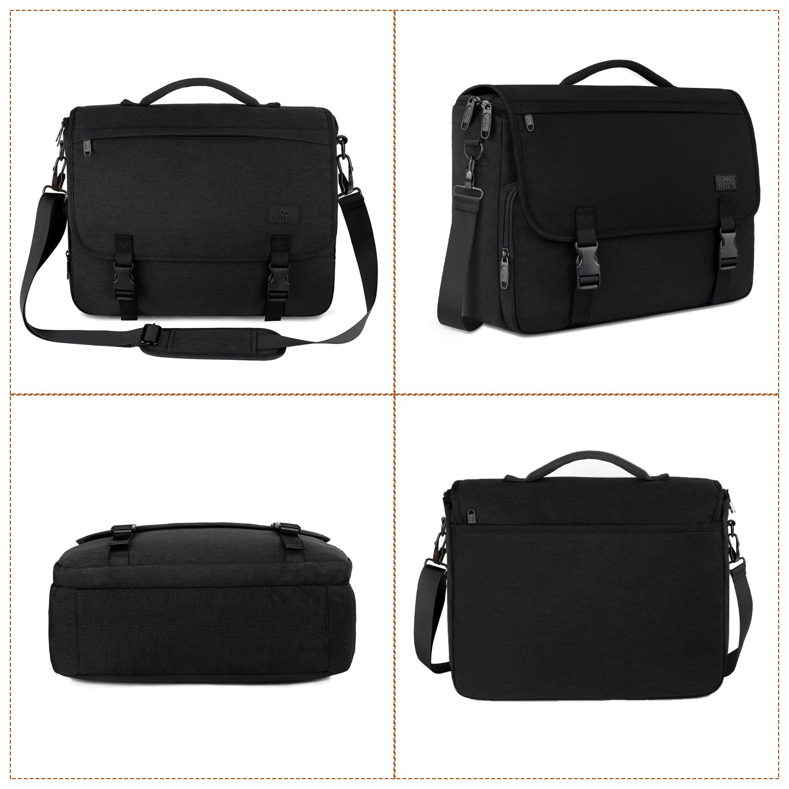 Messenger Bag for Men, Laptop Bag 15.6 Inch, Water Resistant Canvas Shoulder Bag Nylon Crossbody Bag for Women with Detachable Shoulder Strap Black