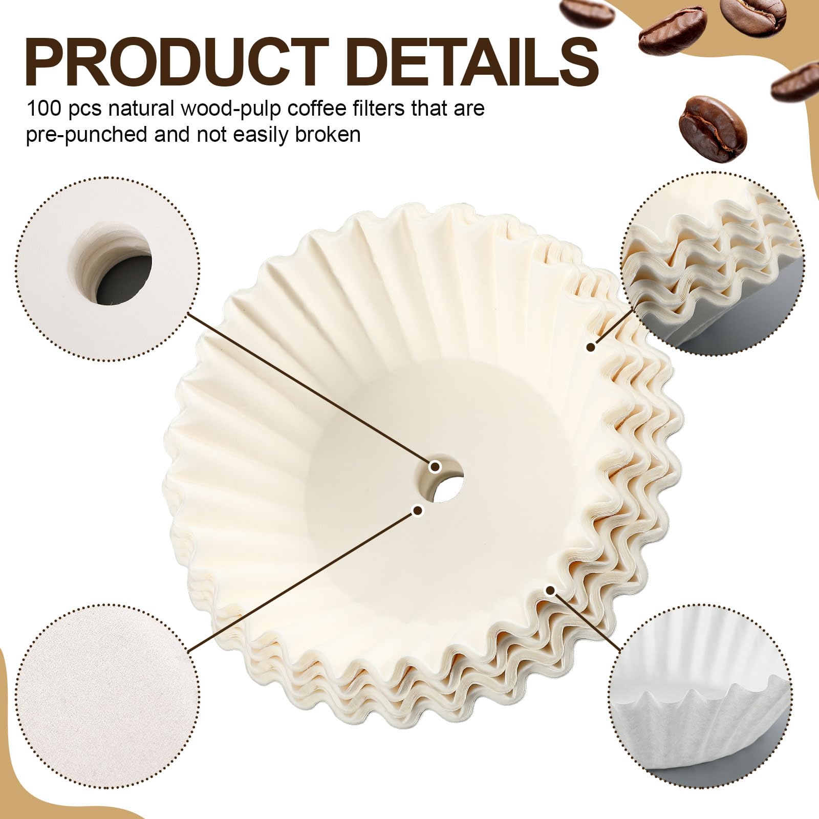 Feifeiya 100 Pcs Pre-Punched Holes Coffee Filters for 100 Cup Coffee Urn Brewing Basket & Hot Beverage Dispenser 9.8 x 4.3 Inch Disposable Natural Wood Pulp Paper Filters with Tall-Sided Design