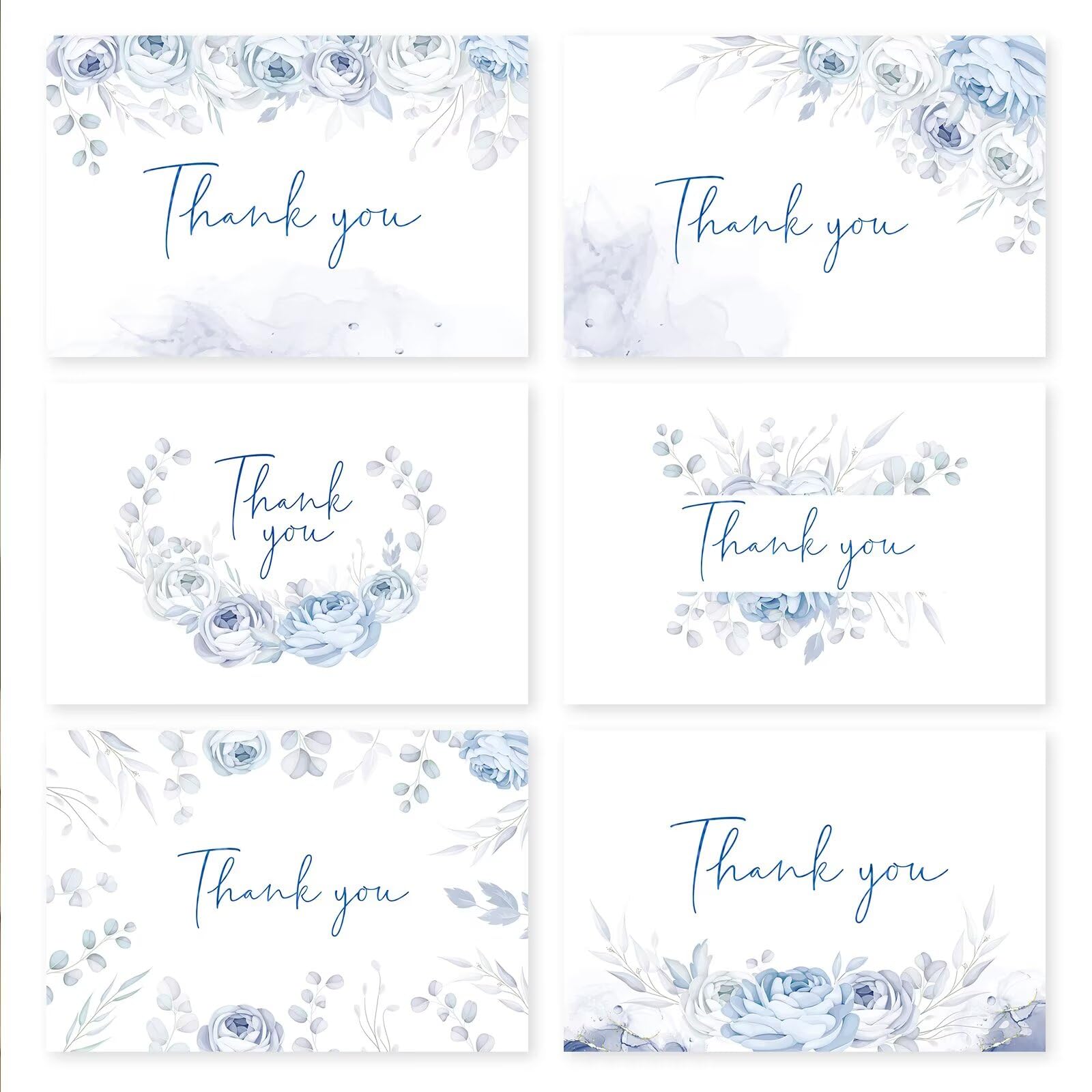 Oaken Leaford 48 Pack Pre-Folded Floral Thank You Cards with Envelopes & Stickers, 6 Elegant Flower Designs for Wedding, Baby Shower, Teacher Gifts(Blue Floral)