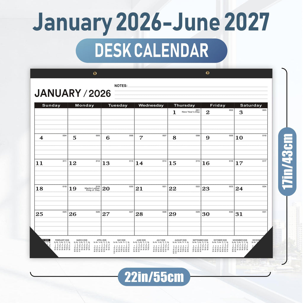 Desk Calendar 2026,January 2026 to June 2027,Desk calendar 2026-2027 Large 22x17, Calendar 2026 with PVC Cover,Round Holes& NOTES List (Black),18 Months 2026 Desk Calender.