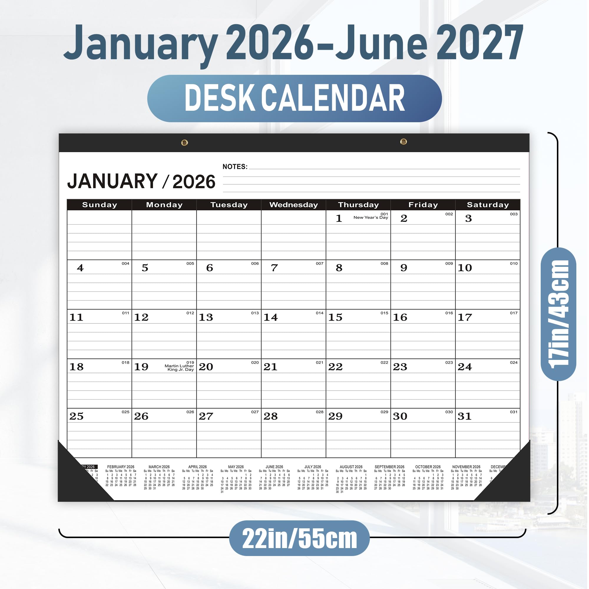 Desk Calendar 2026,January 2026 to June 2027,Desk calendar 2026-2027 Large 22x17, Calendar 2026 with PVC Cover,Round Holes& NOTES List (Black),18 Months 2026 Desk Calender.