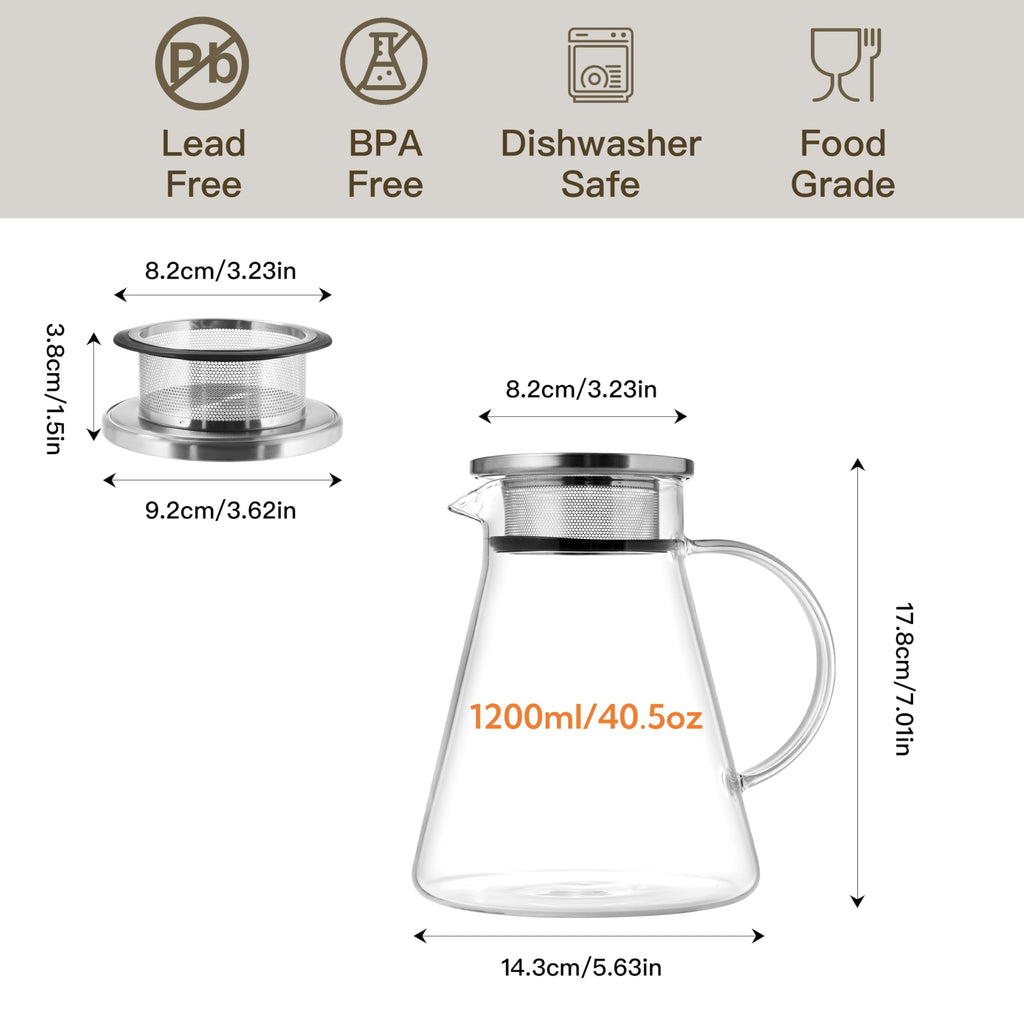 CNGLASS 40oz/1200ml Glass Teapot Stovetop Safe,One-Touch Clear Tea Kettle,Blooming and Loose Leaf Tea Maker Set