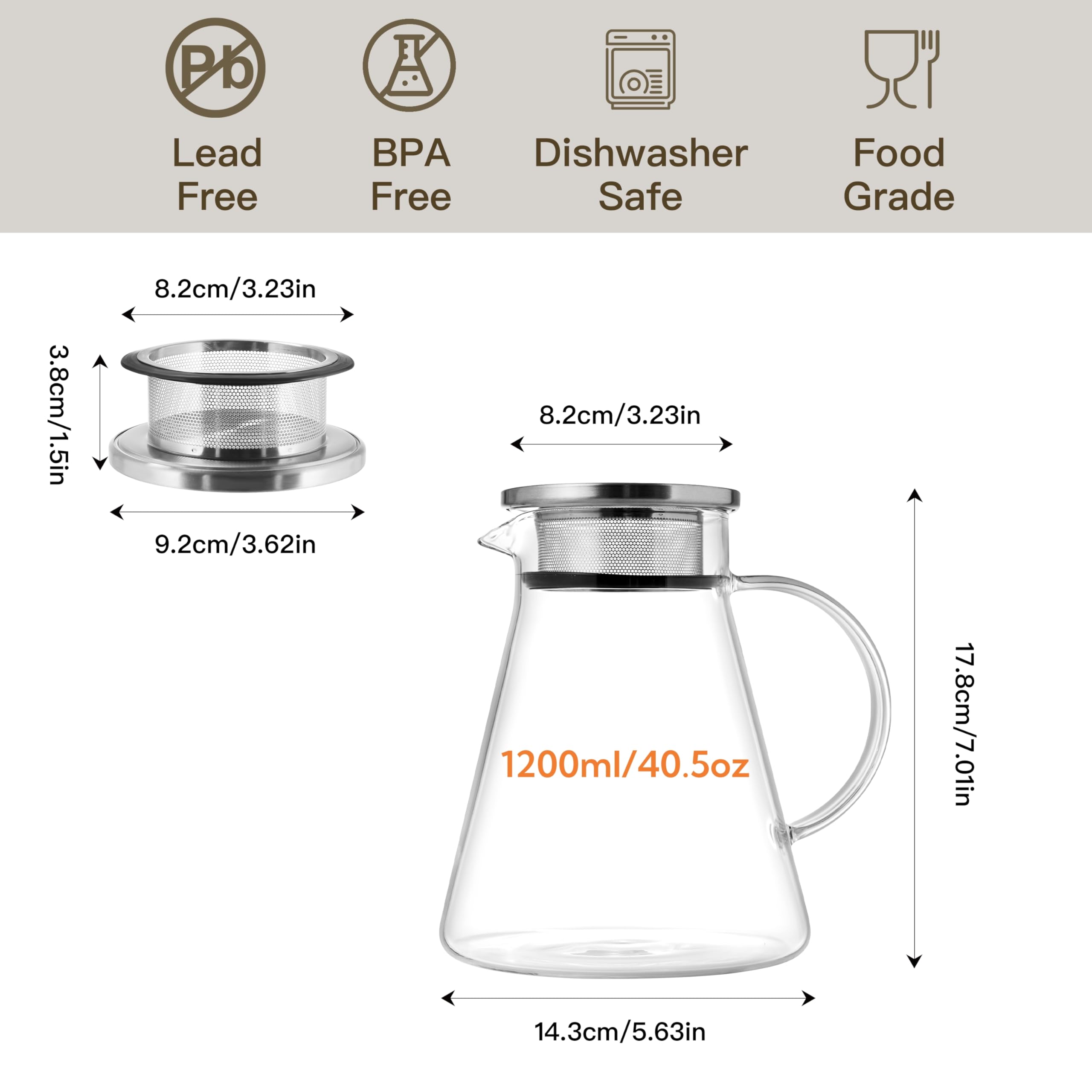 CNGLASS 40oz/1200ml Glass Teapot Stovetop Safe,One-Touch Clear Tea Kettle,Blooming and Loose Leaf Tea Maker Set