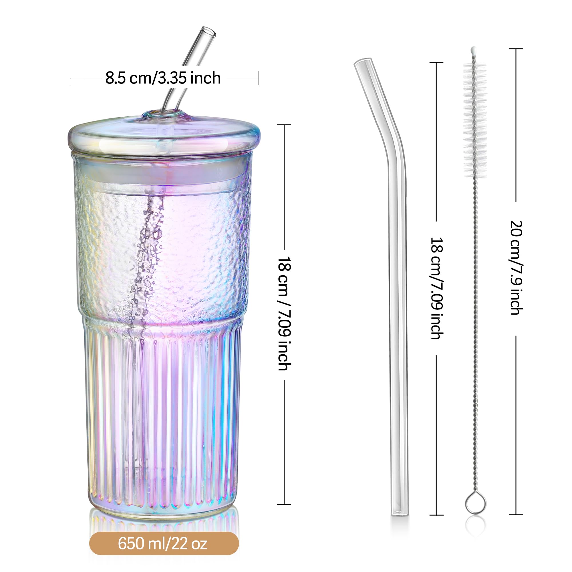 Joeyan 22 oz Iridescent Glass Tumbler with Straw and Lid for Iced Tea Coffee Smoothie Water Juice Beverages Soda,Ribbed Glasses Cups,Borosilicate Drinking Jar,Set of 2