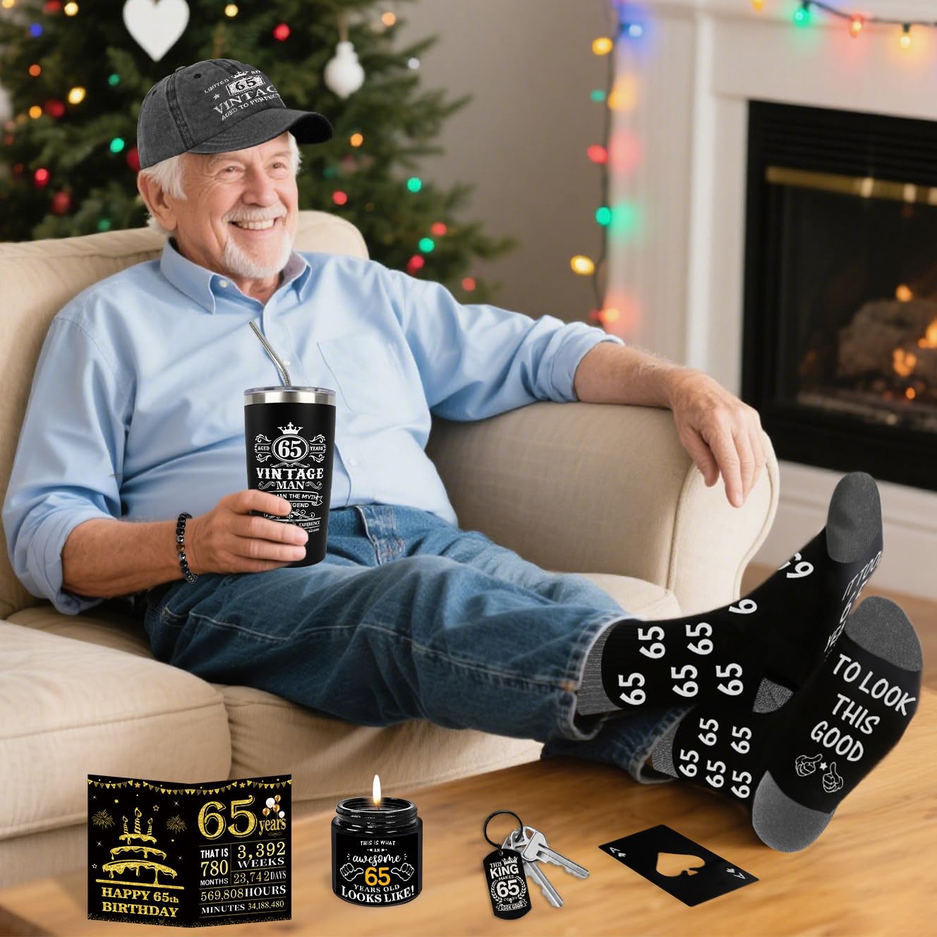65th Birthday Gifts for Men - Unique Birthday Box with 20 Oz Tumbler, Baseball Cap, Socks, Bracelets, Happy 65th Birthday Decorations for Husband, Dad, Grandpa, Friends, Boss