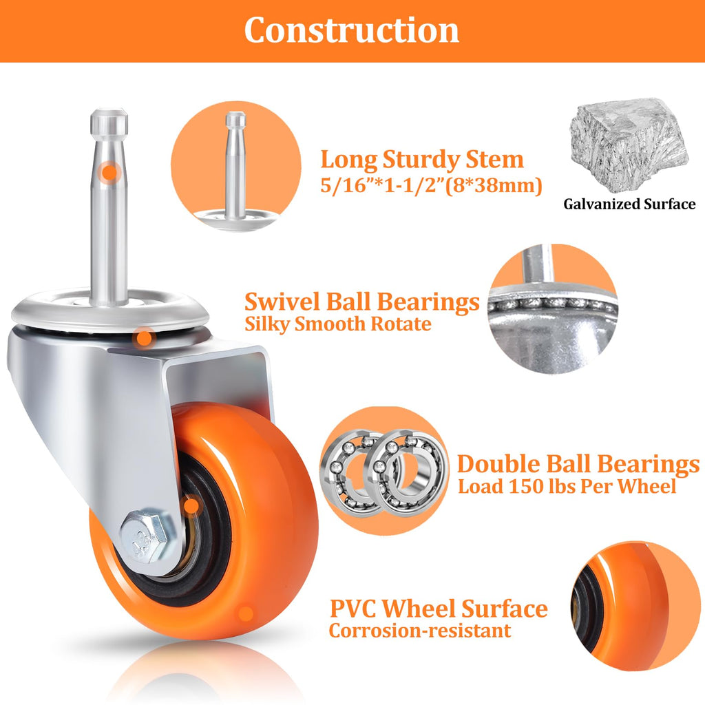 Enyke Wet Dry Vac Repalcement Casters Set of 4, 2 Inch Long Stem Casters 600 LBS with 5/16" x 1-1/2" (8 x 38mm) Stem, 360 Degree Swivel Castor Wheels with Double Ball Bearing, Orange