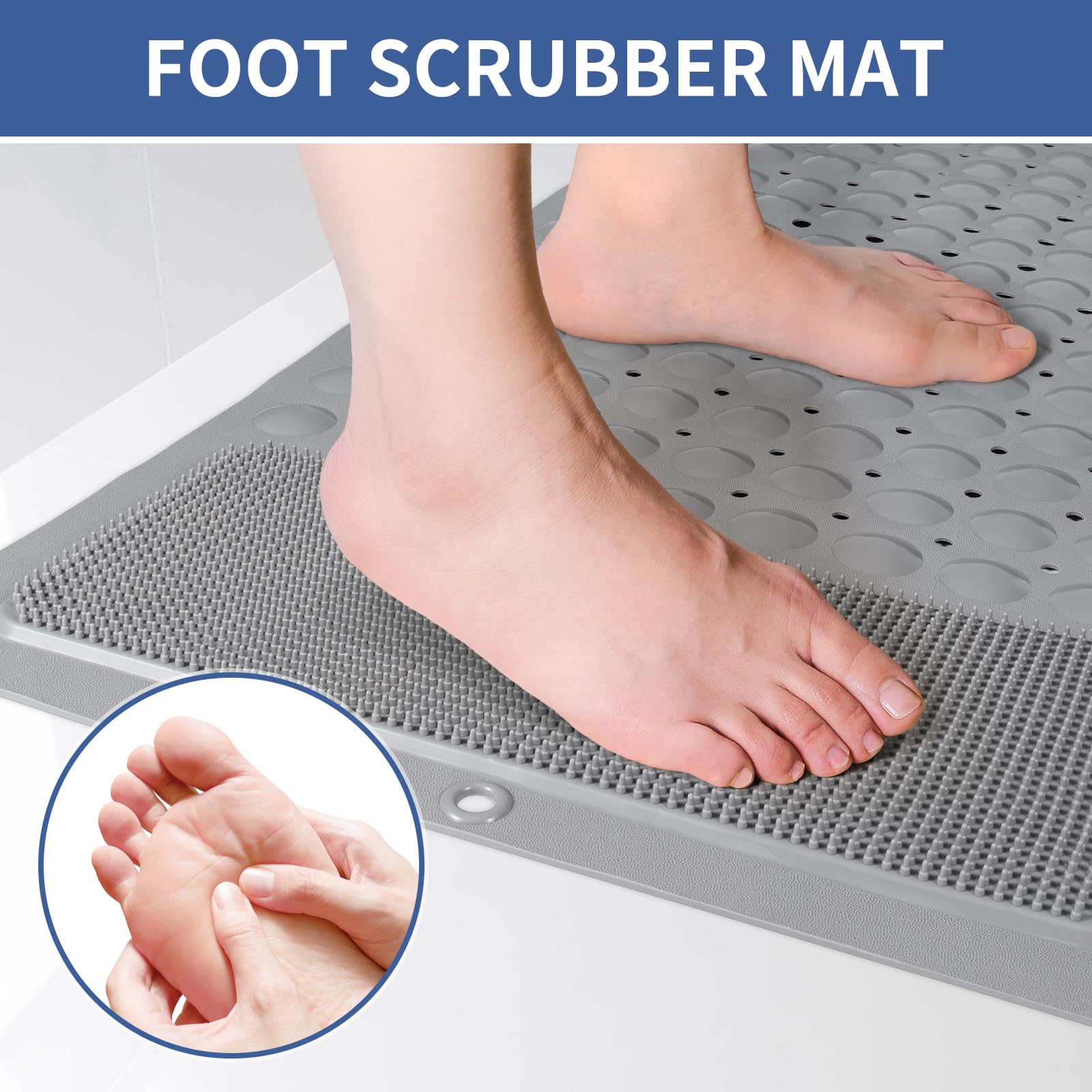 OTHWAY Extra Long Bathtub Mat, 39x 16In Shower Foot Scrubber Mat, Soft TPE Anti Slip Bath Mat for Tub, Machine Washable Shower Mat Non Slip with Big Suction Cups Drain Holes for Bathroom(L-Grey)