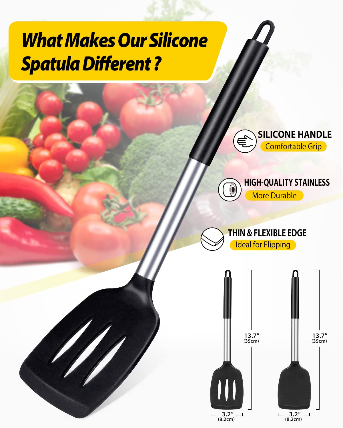 Pack of 2 Silicone Slotted Spatula,Non Stick Solid Kitchen Turner, High Heat Resistant BPA Free Cooking Utensils for Fish, Eggs, Pancakes（Black