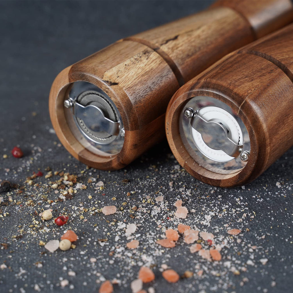 DeroTeno Salt and Pepper Mill Set, Adjustable Ceramic Grinder Salt Mill, Stainless Steel Grinder Pepper Mill, Acacia Wood, 16.5 cm / 6 inch Height, Bottom Dia 5 cm (Tray is NOT Included)