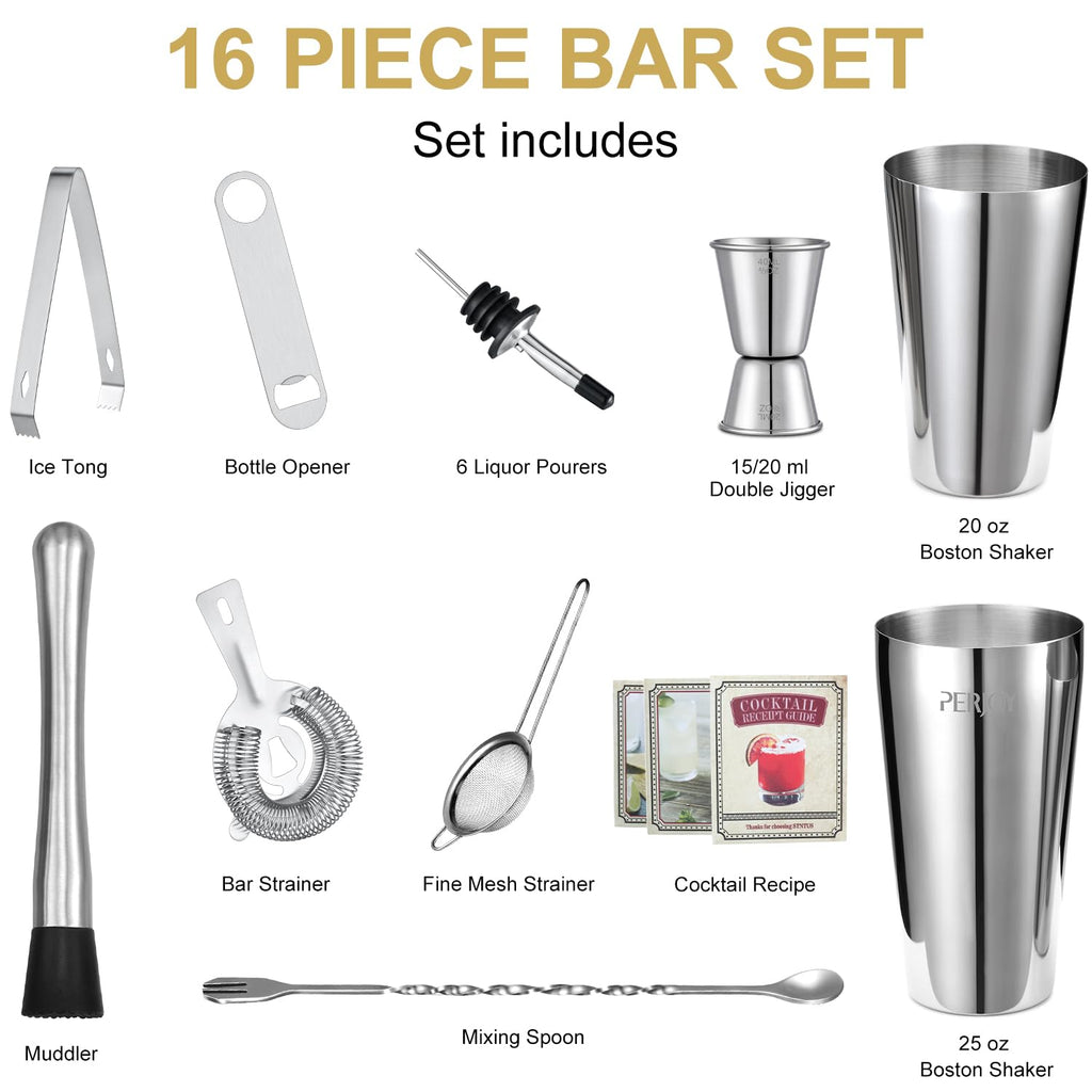 Perjoy Cocktail Shaker Set, 16 Piece Bartending kit, Cocktail Shaker, Stainless Steel Bar Set Accessories, Coktail Set, Boston Shaker, Bartending Bar Tools with Muddler Spoon Jigger