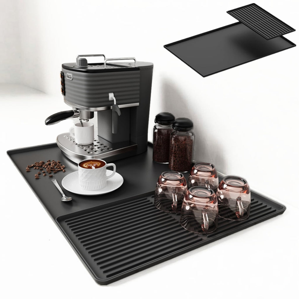 Coffee Maker Mat, Silicone Coffee Mat, 24"x16" Coffee Bar Mat with Detachable Dish Drying Mat, Spill-Proof, Heat-Resistant, Non-Slip, fits Under Coffee Maker & Dish Rack (Black, 24"x16")