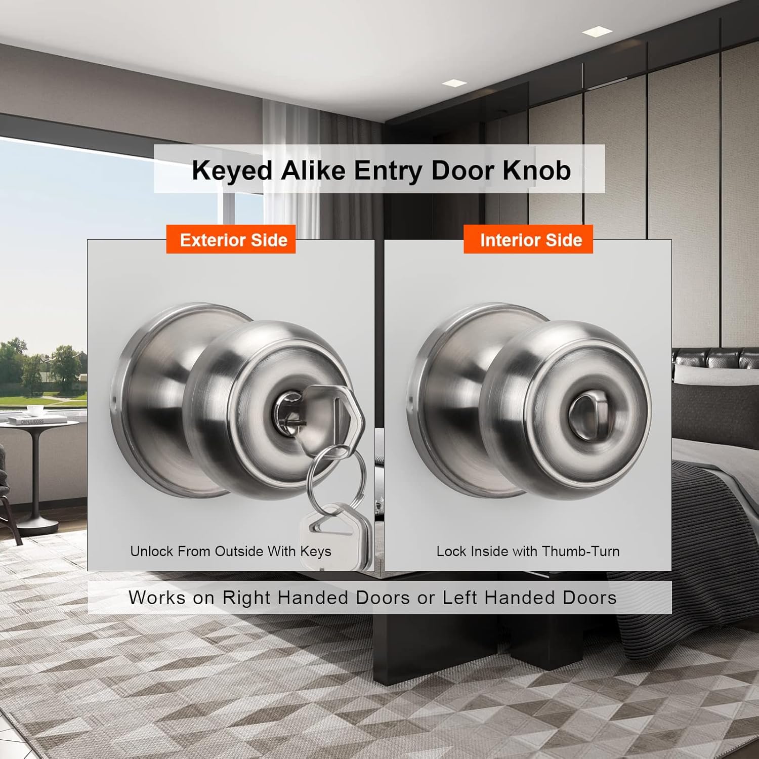 goldenwarm Door Locks for Entry Door Knob Exterior Knob Lock with Key Brushed Nickel Doors Handles with Lock Easy Install Left/Right Open