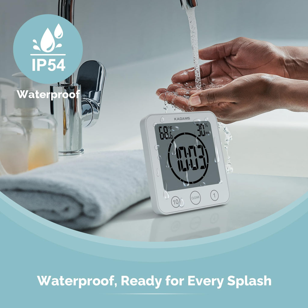 KADAMS Digital Bathroom Shower Kitchen Clock Timer, Waterproof for Water Splashes, Visual Countdown Timer, Time Management Tool, Indoor Temperature Humidity, Suction Cup, Hole Stand - White