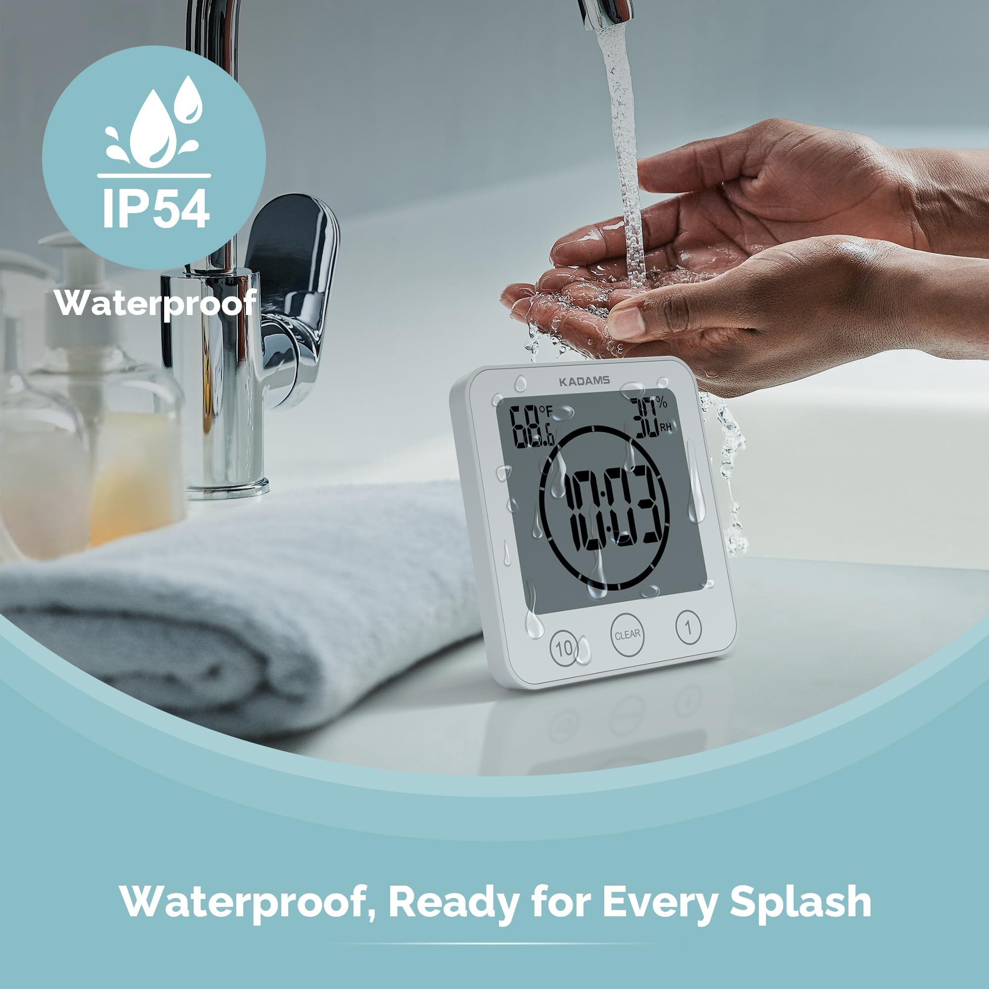 KADAMS Digital Bathroom Shower Kitchen Clock Timer, Waterproof for Water Splashes, Visual Countdown Timer, Time Management Tool, Indoor Temperature Humidity, Suction Cup, Hole Stand - White