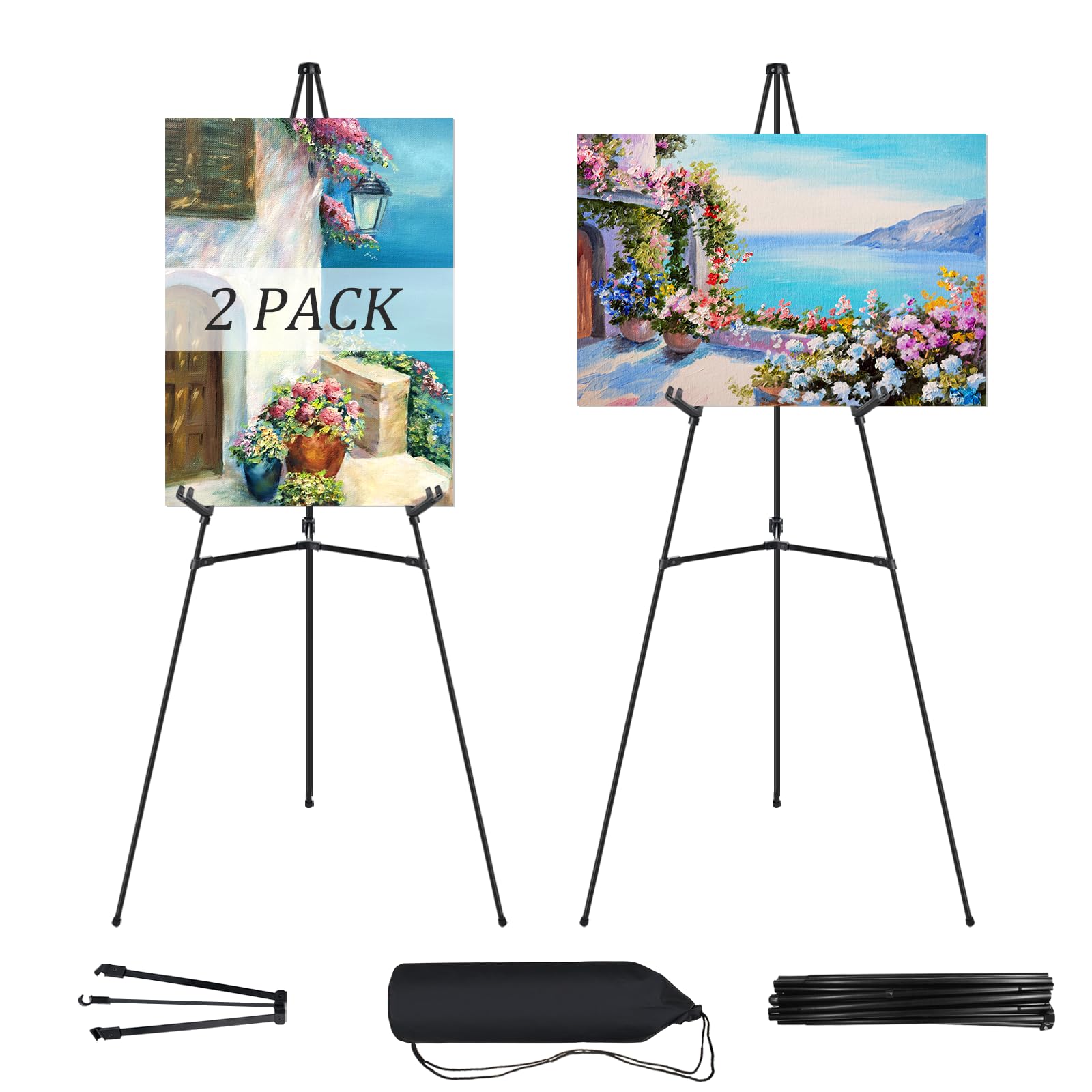 JEAWIWI 2 Pcs Black Easel Stand for Wedding Signs, 65" Black Adjustable Welcome Sign Stand, Foldable Portable Sign Easel Stand with Accessories, Metal Poster Easel for Art Displays and Events