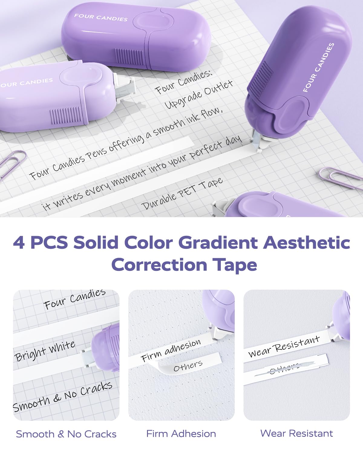 Four Candies Aesthetic School Supplies, 4 Gel Pens with Black Ink, 4 Correction Tape, 2 Pastel Highlighters, 2 Mechanical Pencils, Sticky Notes, Index Post for Back to School Supplies with Case Purple