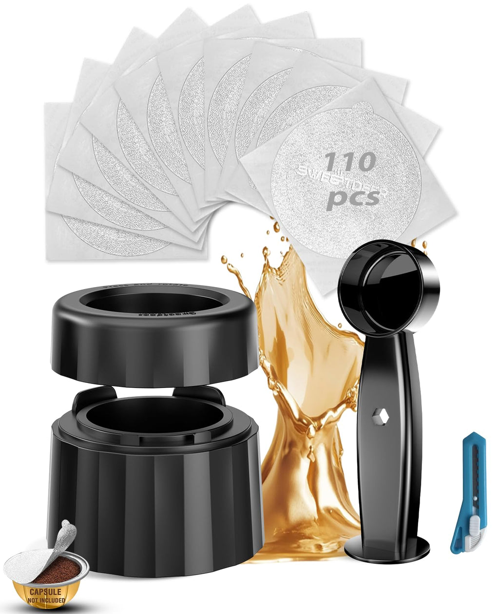 SWEETDEER Reusable Pods & Refillable Kit for Vertuo, 110 Refill Aluminum Foil Lids,Compatible with Nespresso Vertuo & Vertuoline,Coffee Capsules Kit with Lid Cutter, Holder & Scoop