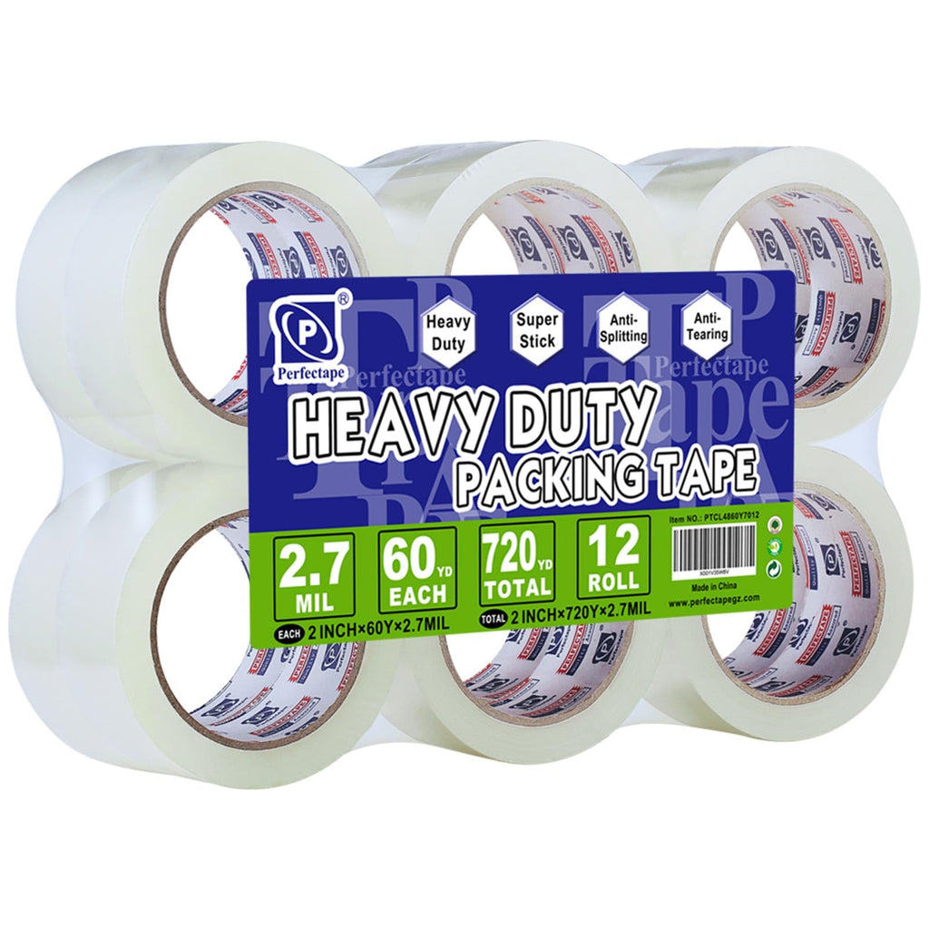 PERFECTAPE Heavy Duty Packing Tape 12 Rolls, Clear, 2.7 mil, Ultra Adhesive, 1.88" x 60 Yards, Refill for Packaging, Moving and Shipping