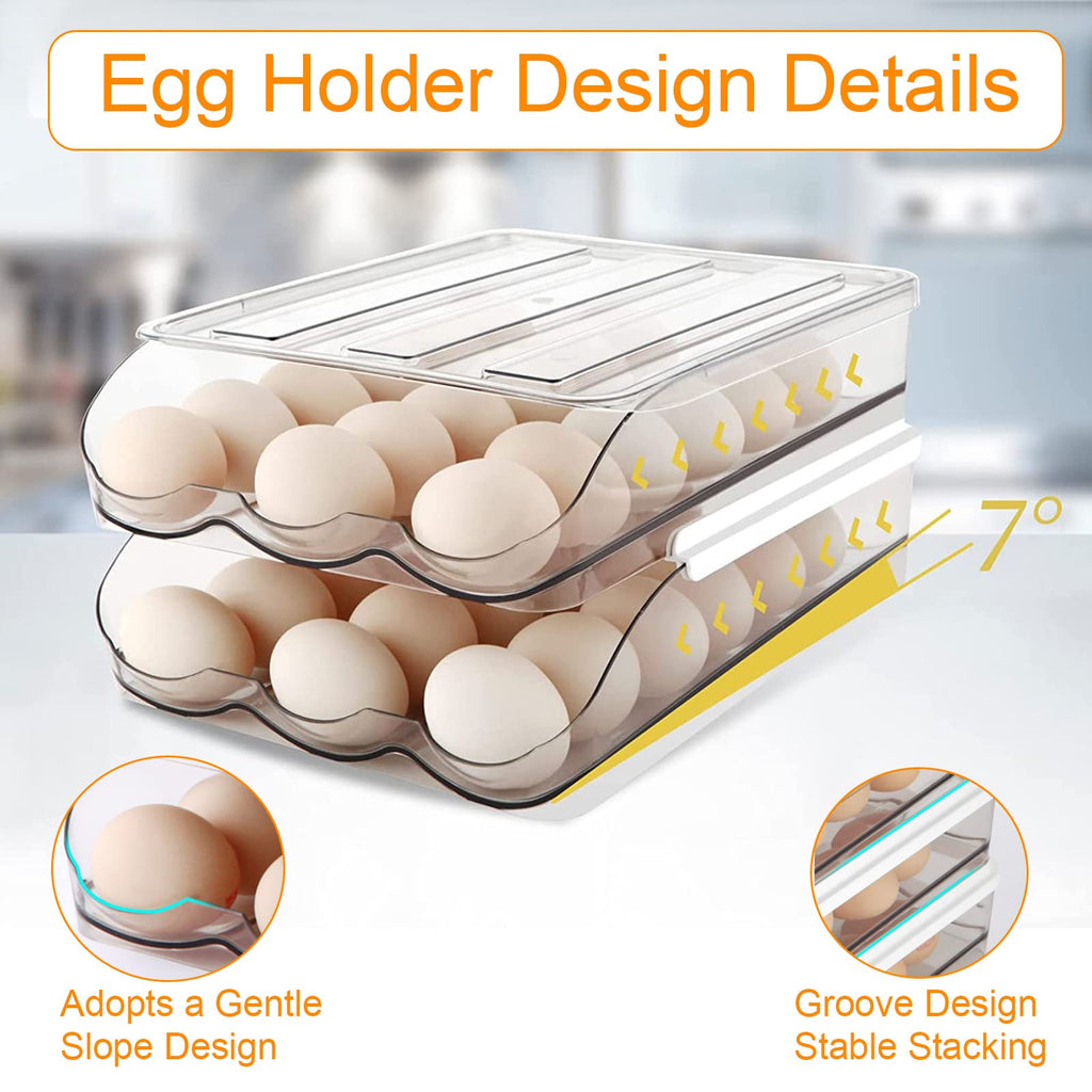 lazywoodpecker Egg Storage for Fridge, Auto Rolling Eggs Fridge Organizers with Lids, Fridge Storage Organizer for Kitchen (2 Layer)