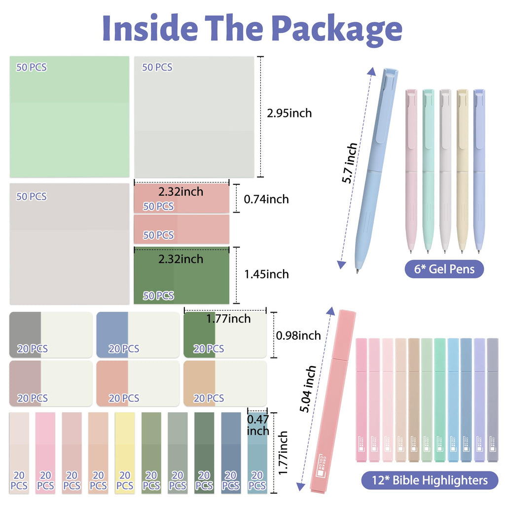 DazSpirit 12 Pastel No Bleed Bible Highlighters and 6 Gel Pens with 620 Sheets Transparent Sticky Notes, Bible Journaling Kit, Aesthetic Colored Labels for School Office Annotating Books Supplies