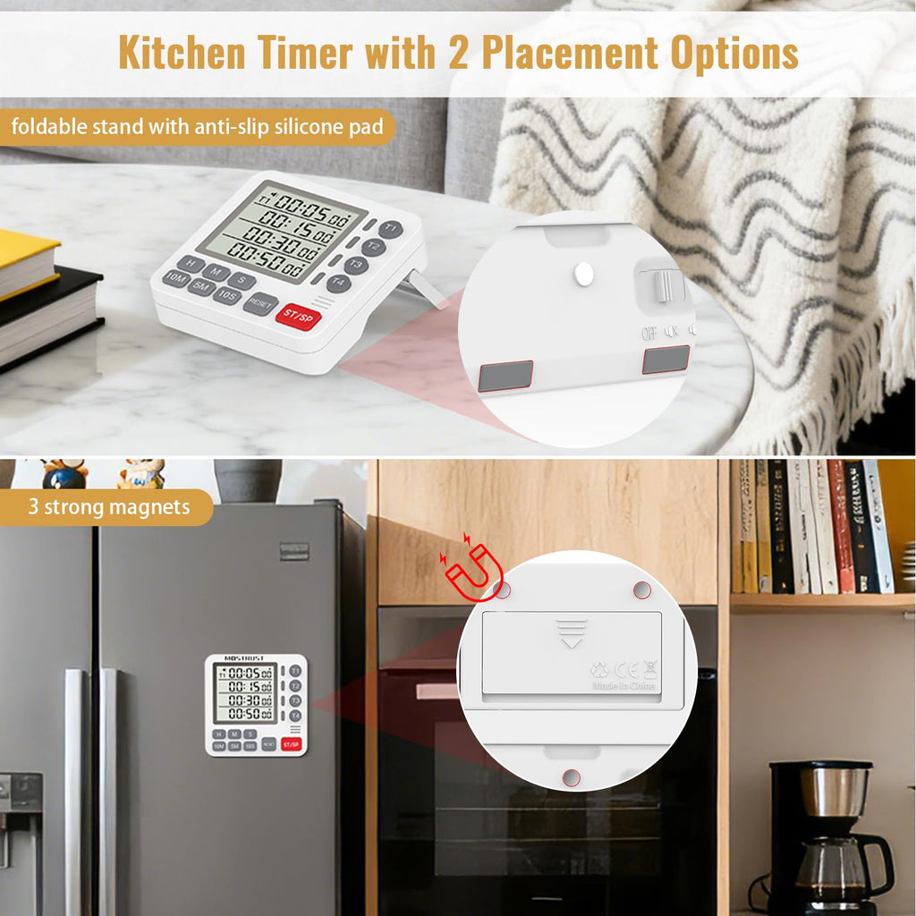 MOSTRUST Digital Dual Kitchen Timer, 4 Channels Independent Countdown Timer, Large Display, On/Off, Loud Volume Alarm and Flashing Light with Magnetic Back, Stand, Battery Included (White)