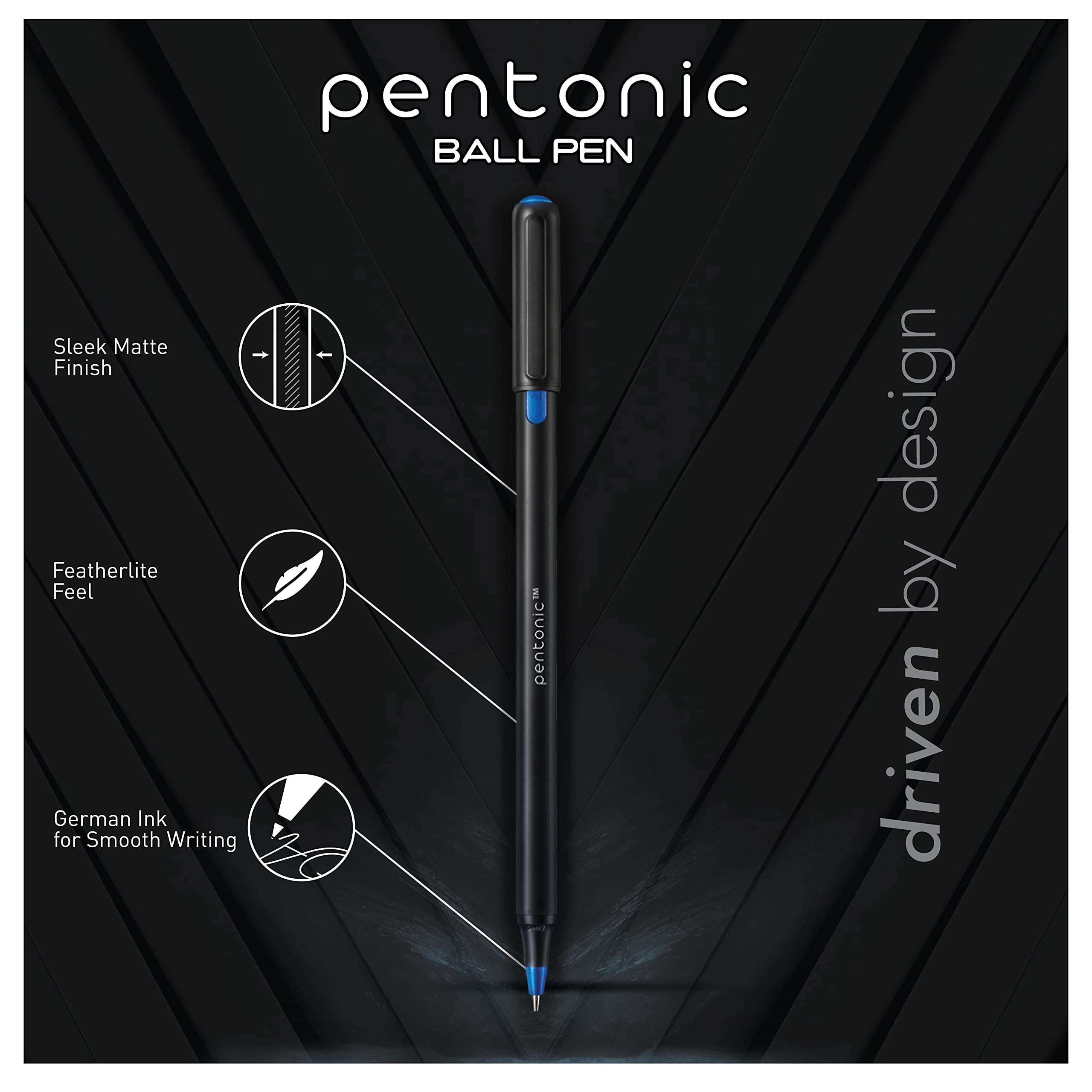 Pentonic Ballpoint Pens in Pen Organizer, 50-Pack, Black Ink, 1.0mm Medium Point, Smooth Writing for Journaling, Office & School, Smear-Resistant Ink, Bulk Pen Set with Holder