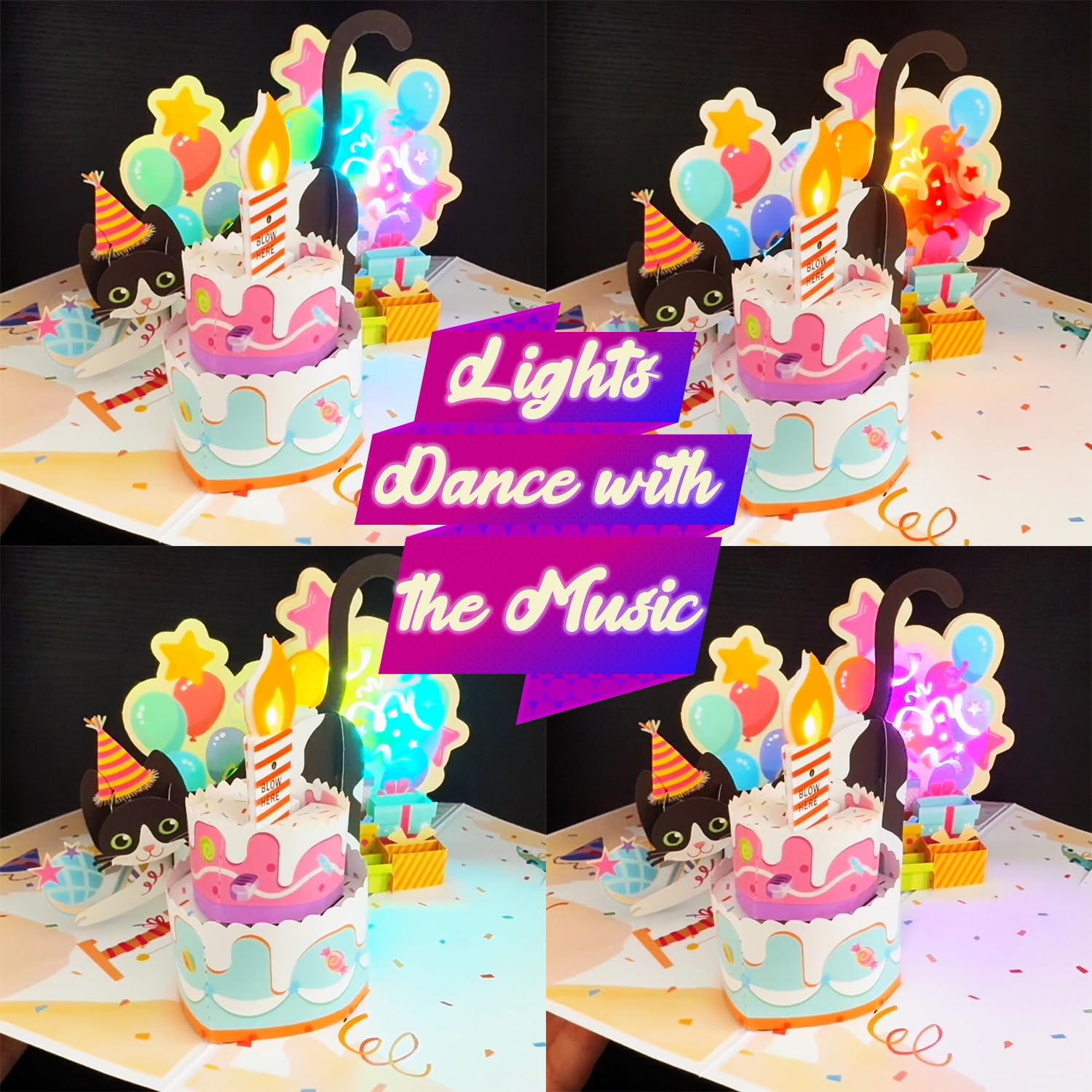 Ribbli Birthday Cards, Cat Pop Up Card with Light and Music, Musical Cat Birthday Card for Men Women, 8.2 x 5.7 Inches with Envelope