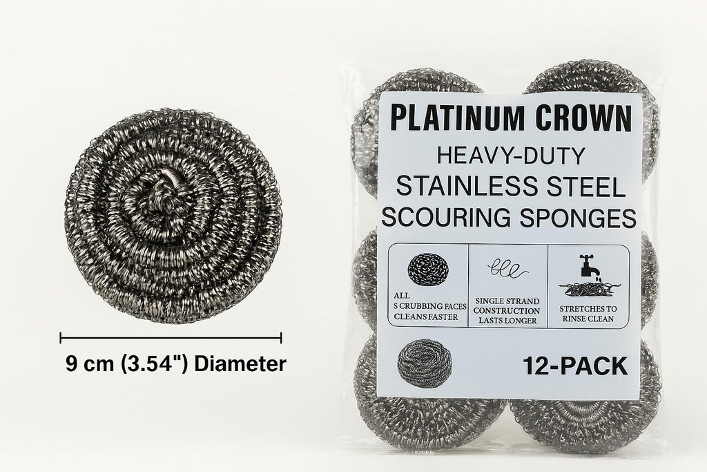 Platinum Crown Heavy-Duty Stainless Steel Wool Scouring Sponges – Rust-Resistant, Long-Lasting, for Pots, Pans, Grill, Oven & Kitchen Cleaning Invidual Packed– 12 Pack 44grams Each
