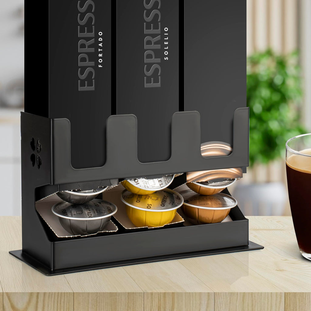 RECAPS Coffee Pod Storage Holder Dispenser (3 Box Sleeve Holder)Compatible with Nespresso Vertuoline Vertuo, Countertop Organizer Stand with Non-Slip Steel Base, Dispenses 3 Coffee Flavors (30 Vertuo Capsules)