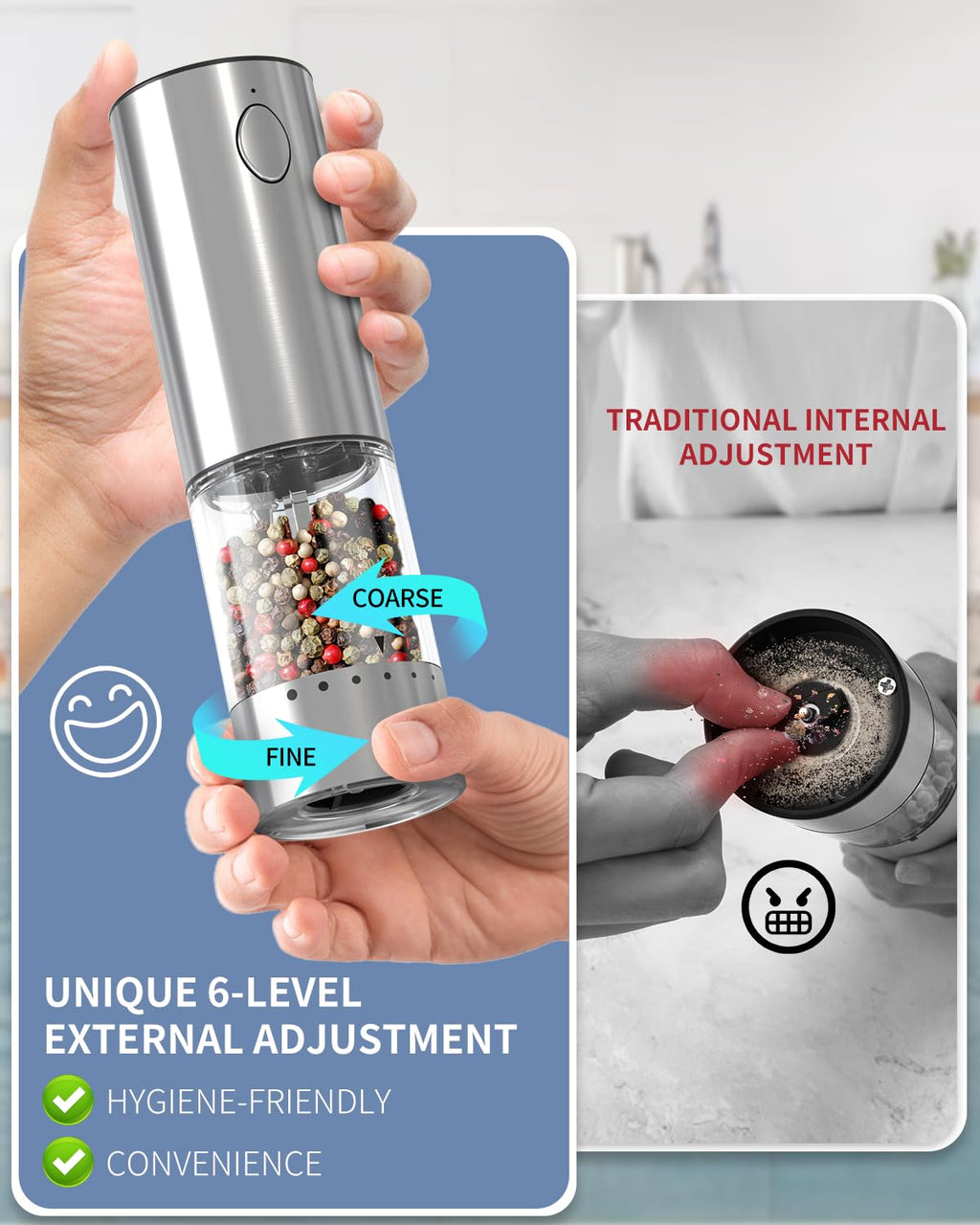 CIRCLE JOY Rechargeable Salt and Pepper Grinder Set with 6 Levels External Coarseness Adjustment, Stainless Steel Electric Salt Shaker and Dustproof Storage Base, 95ml Container, Led Light