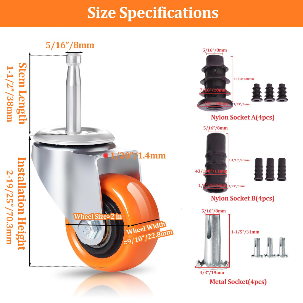 Enyke Wet Dry Vac Repalcement Casters Set of 4, 2 Inch Long Stem Casters 600 LBS with 5/16" x 1-1/2" (8 x 38mm) Stem, 360 Degree Swivel Castor Wheels with Double Ball Bearing, Orange