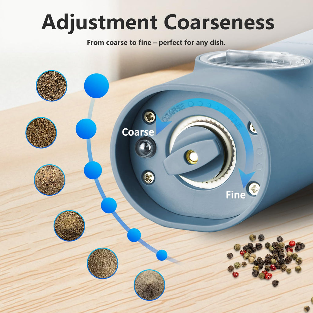 SAKAMOSH Electric Salt and Pepper Grinder Set, Rechargeable,Adjustable Coarseness with LED Light, Electric Salt and Pepper Shakers Refillable(2 Packs, Blue)