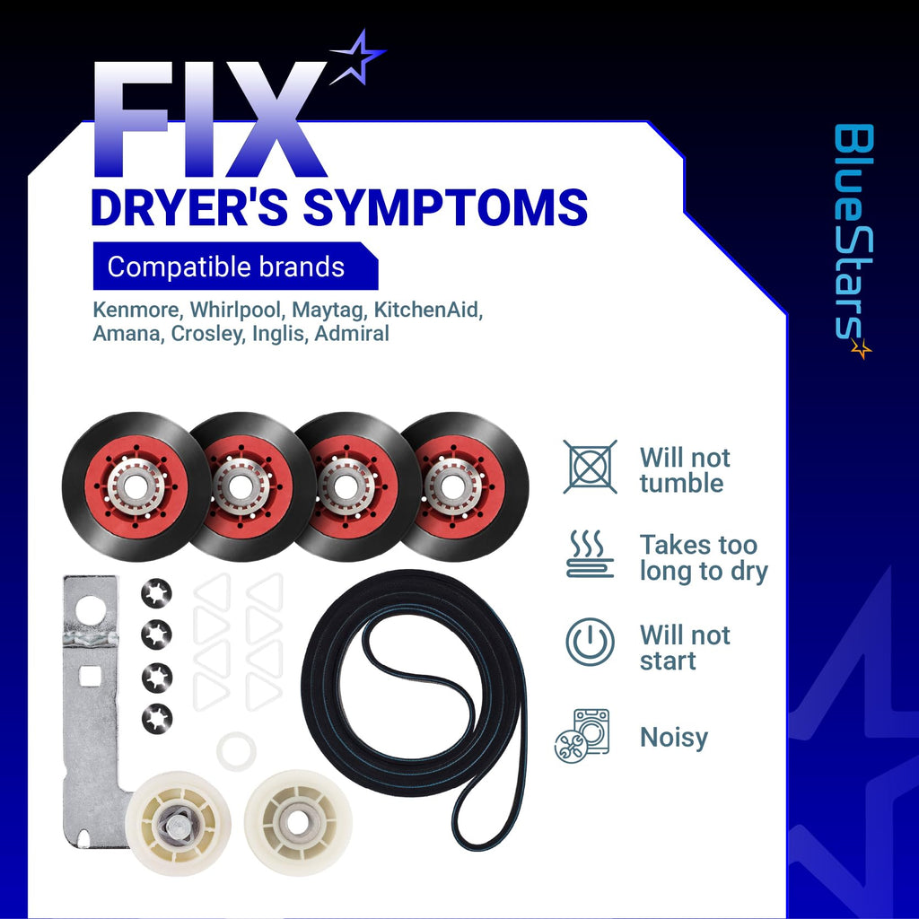 BlueStars 4392067 Dryer Repair Kit and W10837240 Dryer Idler Pulley - For Whirlpool Cabrio Duet Maytag Bravos XL Kenmore Elite Dryer - Includes WPW10314173 Drum Roller 661570V Belt 279640 Idler Pulley