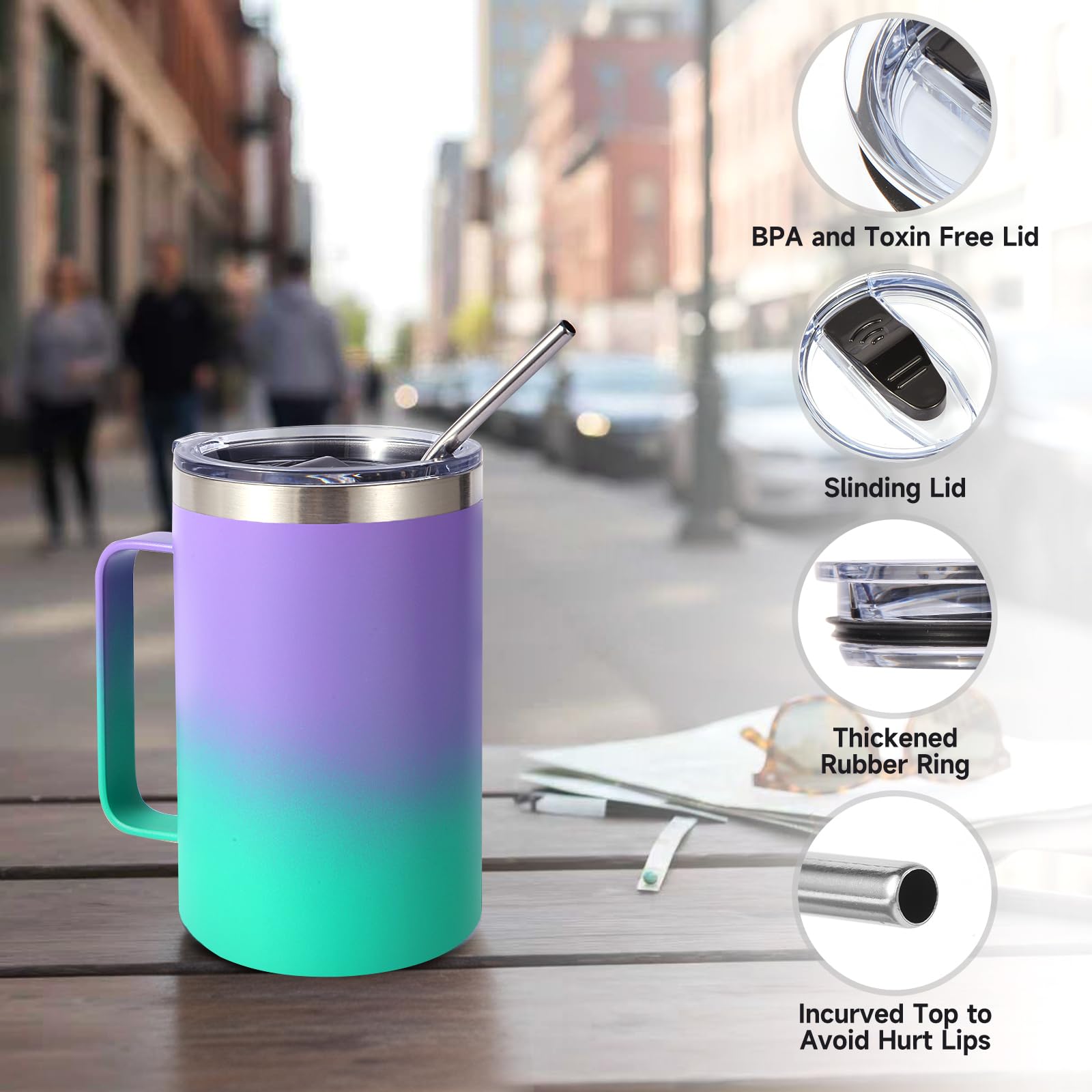 Volhoply 16oz Insulated Stainless Steel Coffee Mugs with Leakproof Lid Bulk 2 Pack,Double Wall Vacuum Travel Coffee Cup with Handle,Reusable Metal Tumbler,Camping Mug Keep Hot&Cold(Mixed,2)