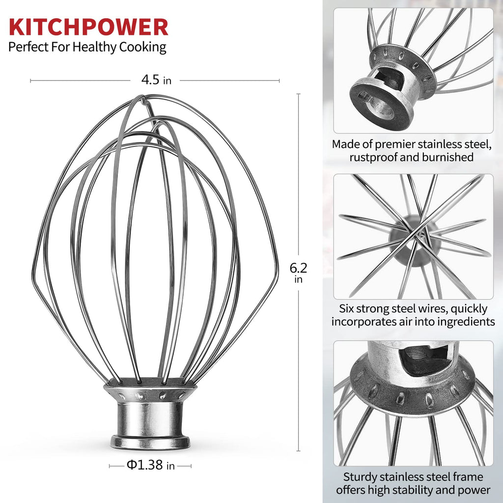 KITCHPOWER K45WW Wire Whip Attachment for Tilt-Head Stand Mixer, Stainless Steel Egg Cream Stirrer, Flour Cake Balloon Whisk