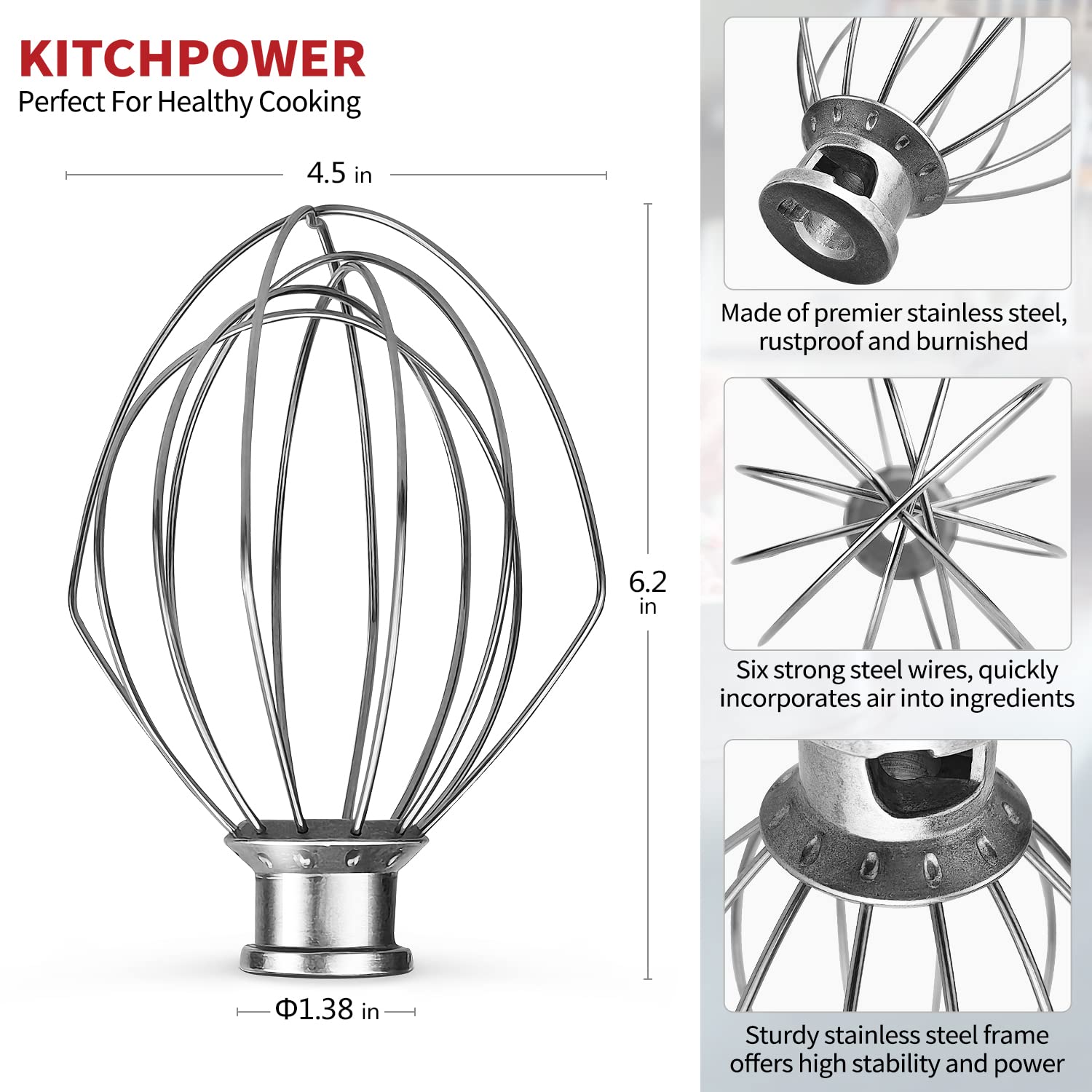 KITCHPOWER K45WW Wire Whip Attachment for Tilt-Head Stand Mixer, Stainless Steel Egg Cream Stirrer, Flour Cake Balloon Whisk