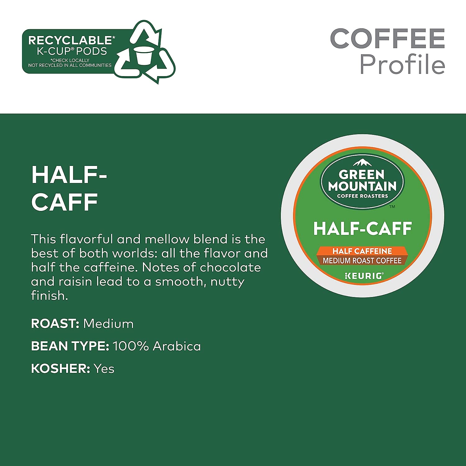 Green Mountain Coffee Half-Caff, Decaf, Medium/Dark Roast Coffee, 24 count