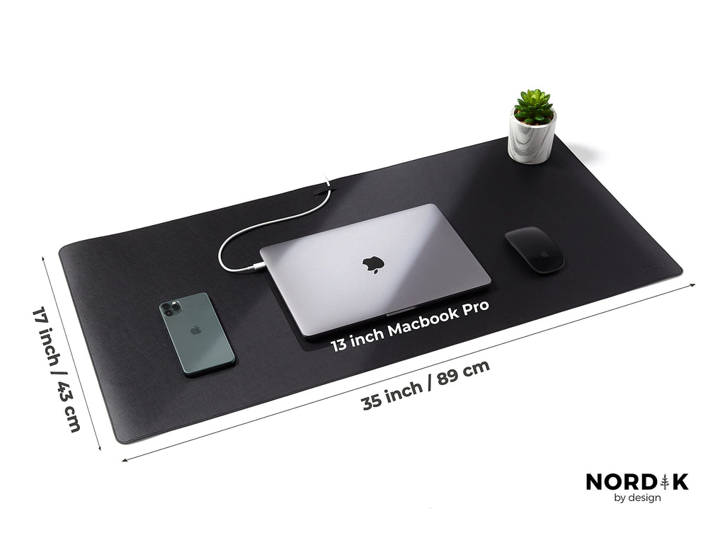 Nordik Leather Desk Mat Cable Organizer - Pebble Black 89cm x 43cm - Premium Extended Mouse Mat for Home Office Accessories - Felt Vegan Large Leather Desk Pad Protector & Desk Blotter Pads Décor