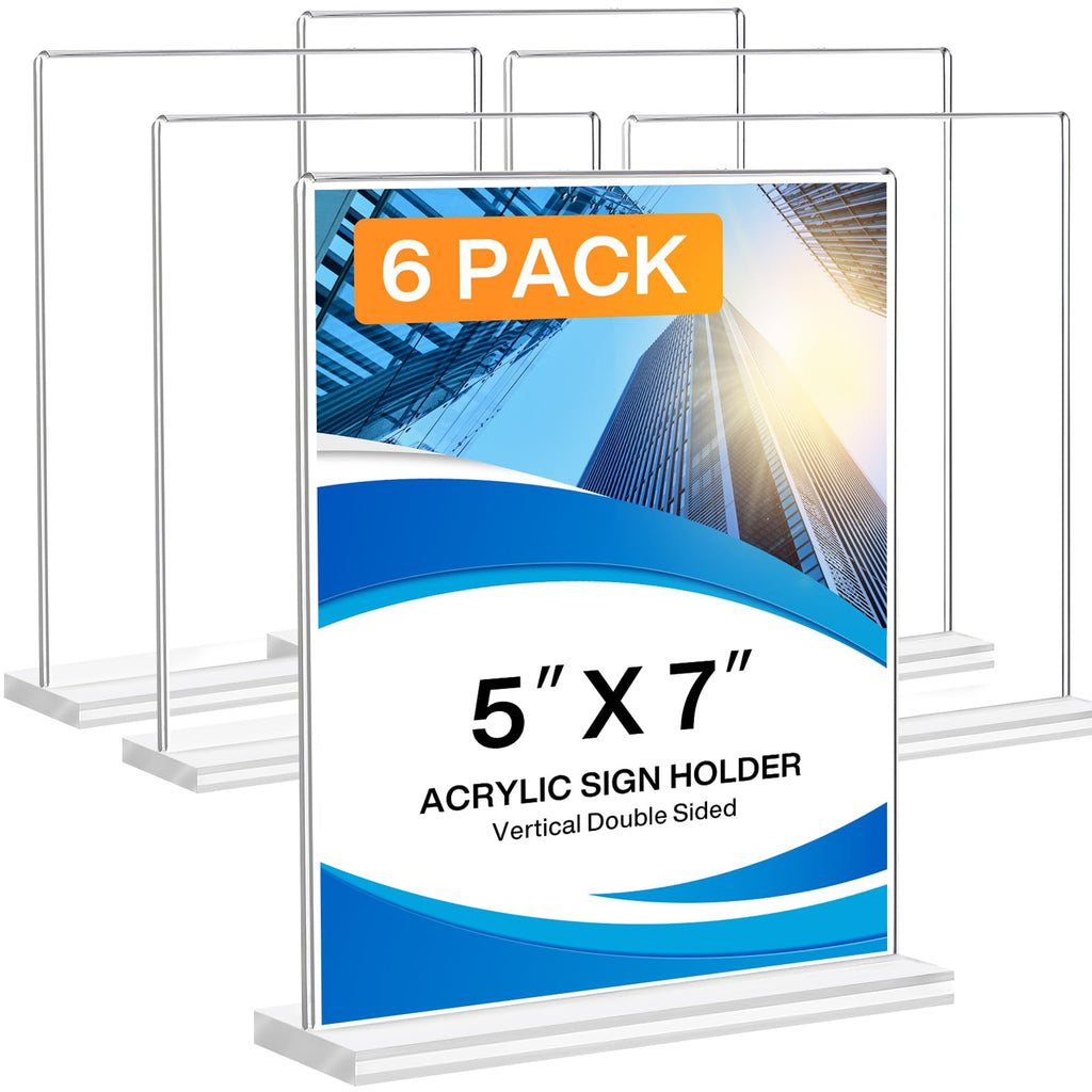 6 Pack 5 x 7" Acrylic Sign Holder, Double Sided Clear Display Sign, T Shape Vertical Display Table Signs Stand for Office Business Restaurant Menu Wedding Party Store Exhibition Display Stand