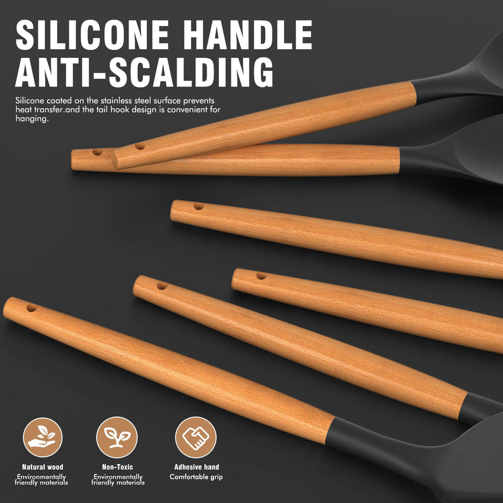 Silicone Cooking Utensils Set - Silicone Kitchen Utensils for Cooking Wooden Handles, 446°F Heat Resistant Kitchen Utensil Spatula Sets w Holder, Gadgets for Non-Stick Cookware BPA Free (Black)
